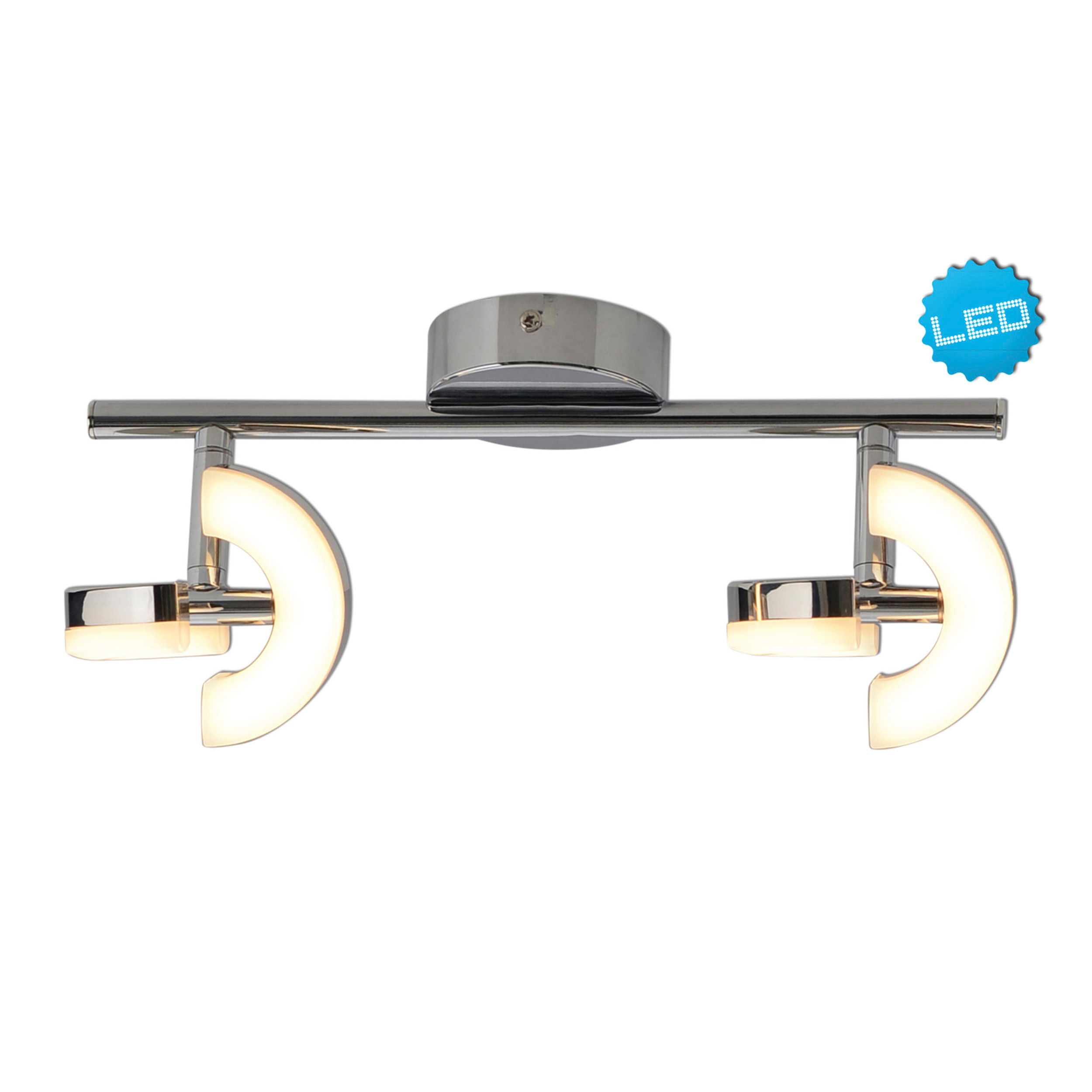 Moderne Deckenlampe aus Chrom mit LED-Leuchten, auf weißem Hintergrund mit blauem LED-Logo.