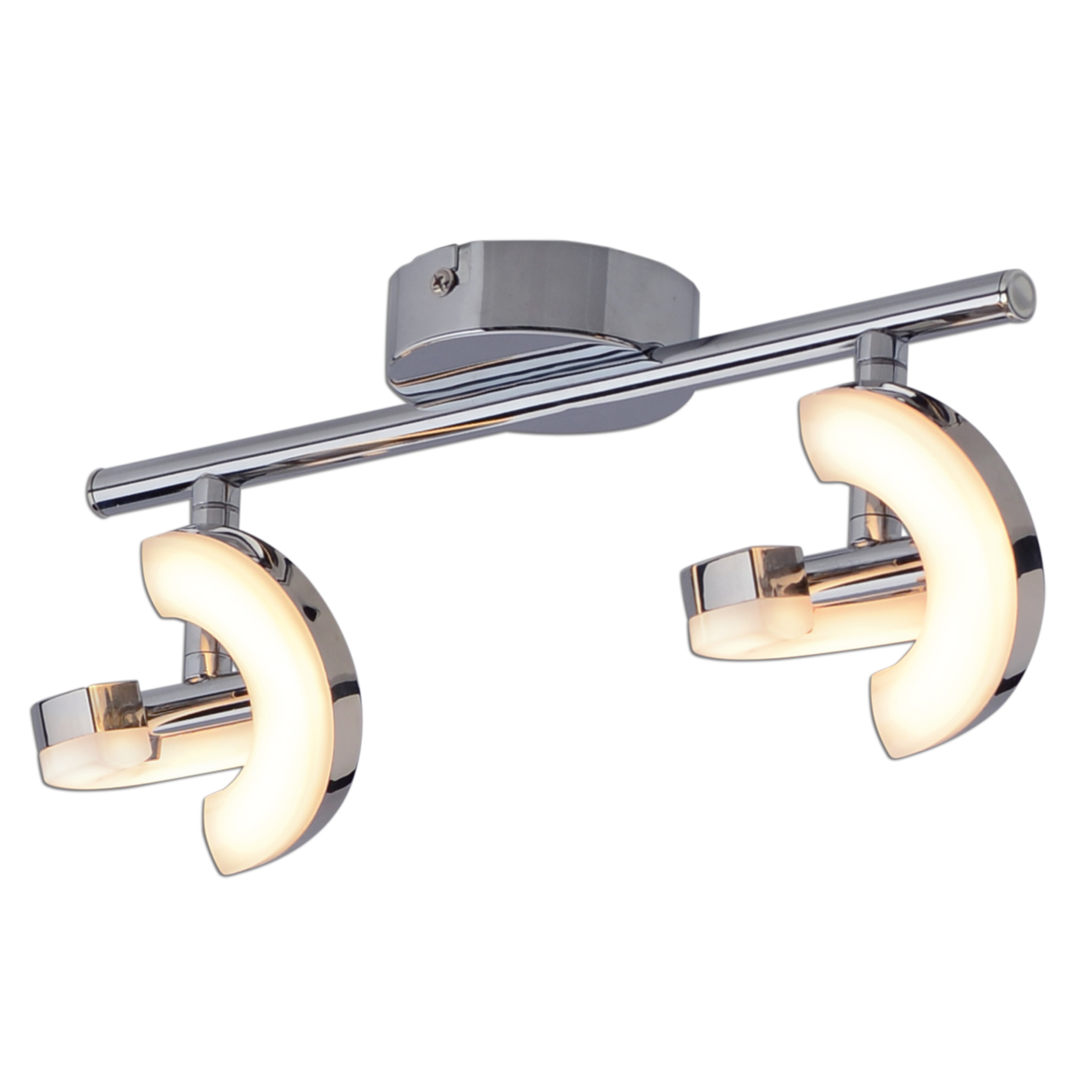 Chrom-Deckenlampe mit zwei gebogenen Lichtern, weißer Hintergrund.