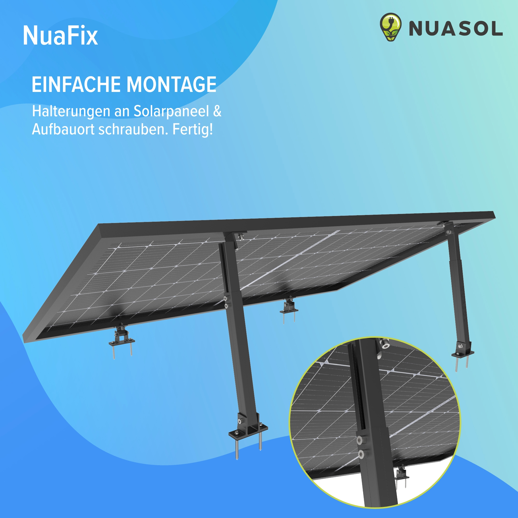 Eine Solaranlage mit schwarzem Rahmen. Der Hintergrund ist ein blauer Himmel.