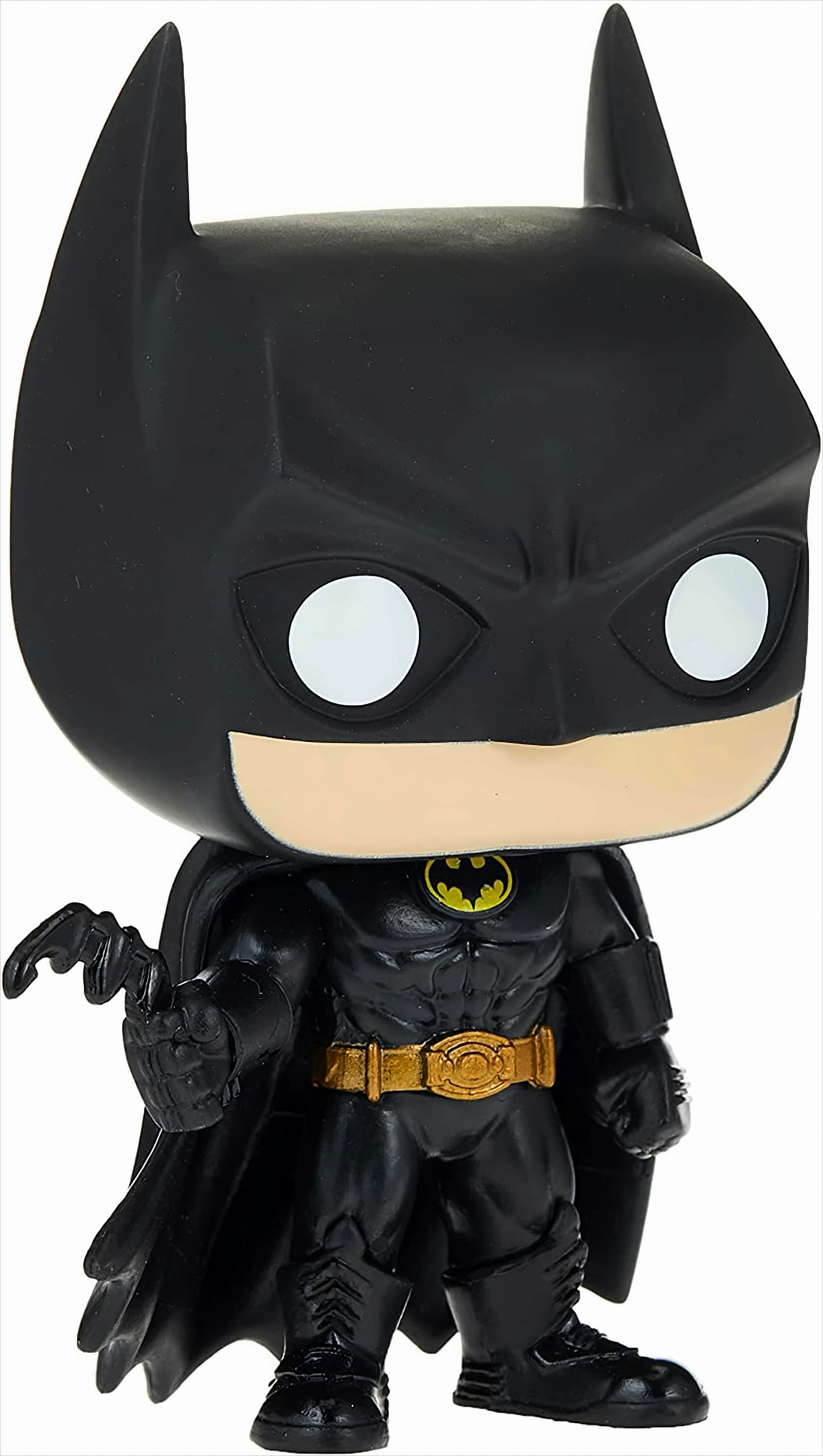 Una figura de Batman Funko Pop en negro con un batarang y una capa.