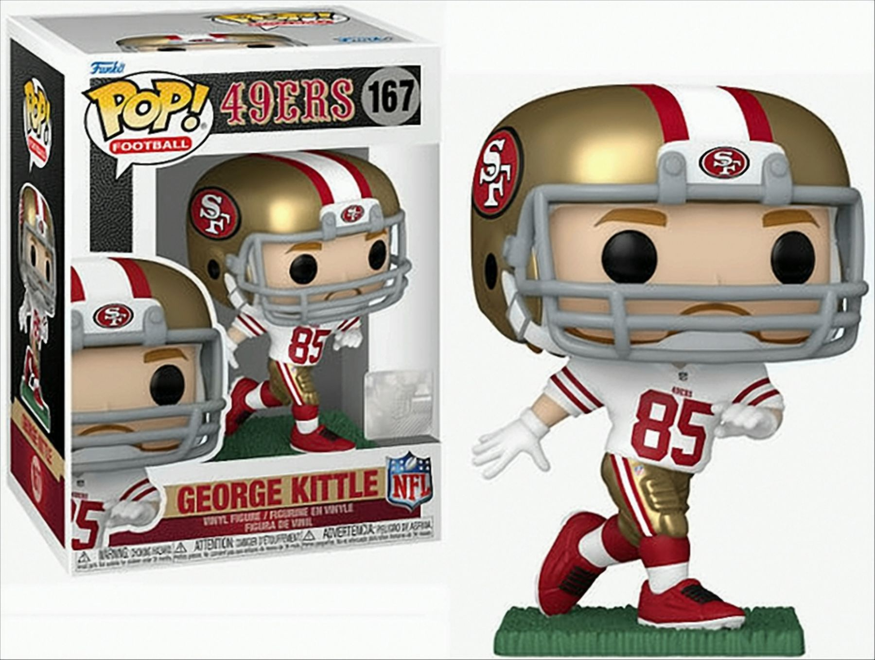 Eine Funko Pop! Figur eines Footballspielers mit goldenem Helm und roter Uniform.