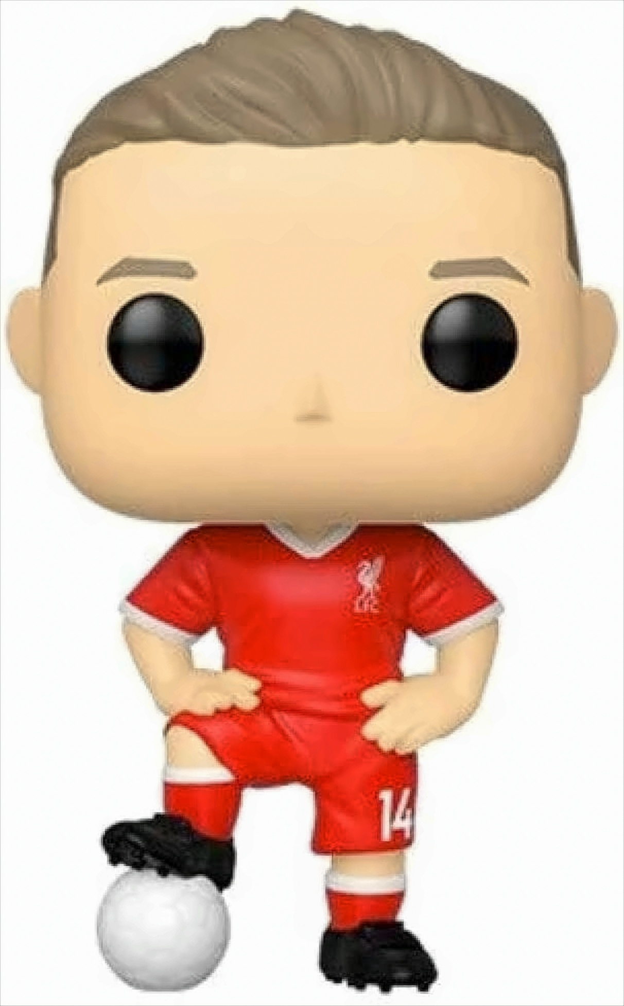 Funko Pop Figur eines Fußballspielers in roter Uniform, auf einem Fußball stehend.