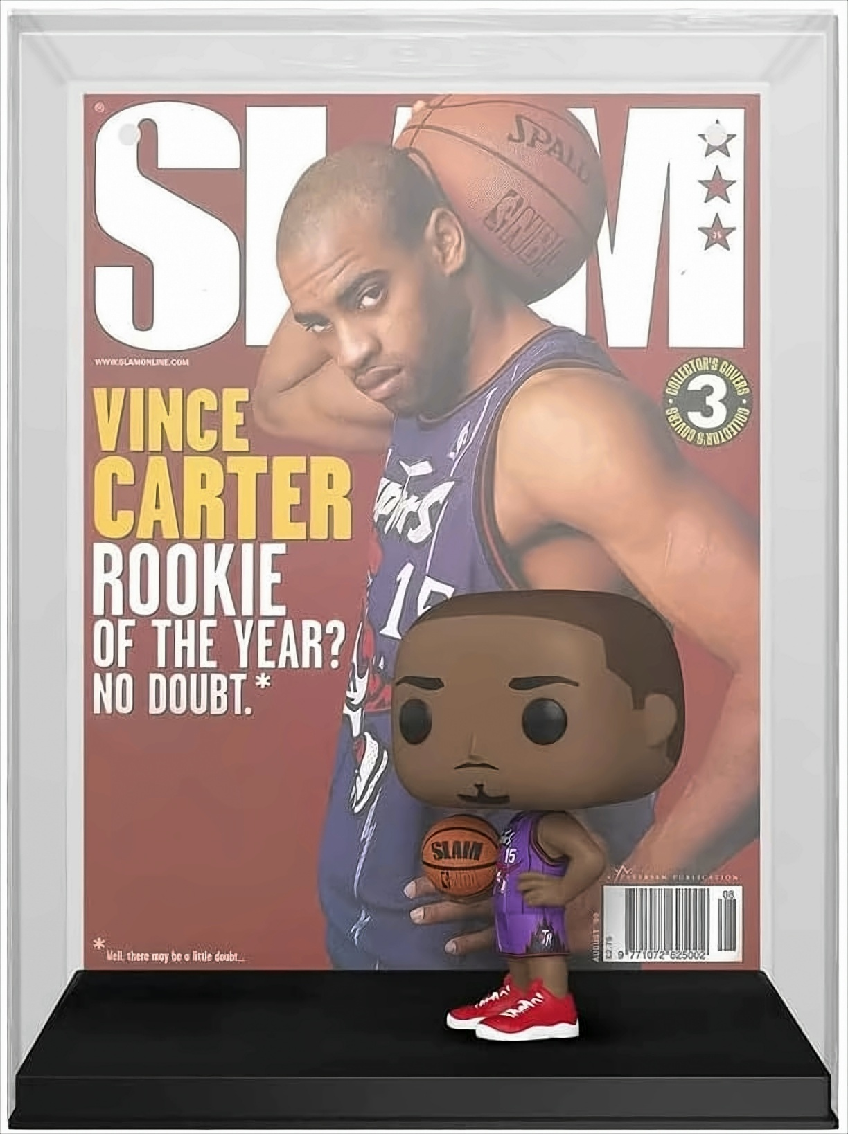 Ein Funko Pop von Vince Carter in einem Gehäuse, mit einem SLAM-Magazin-Cover im Hintergrund.