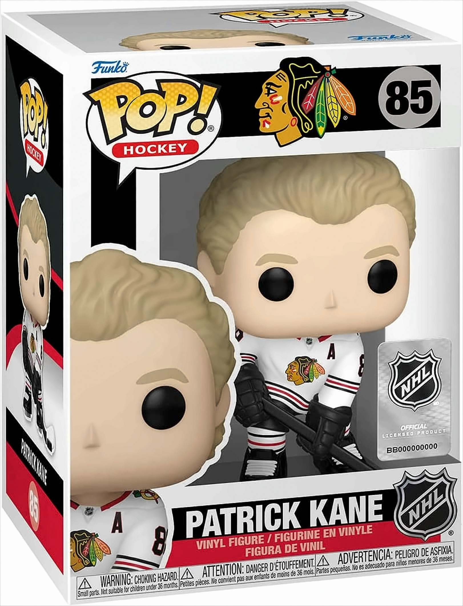 Patrick Kane Funko Pop! Figur in einer Box, trägt ein Chicago Blackhawks Trikot und hält einen Hockeyschläger.