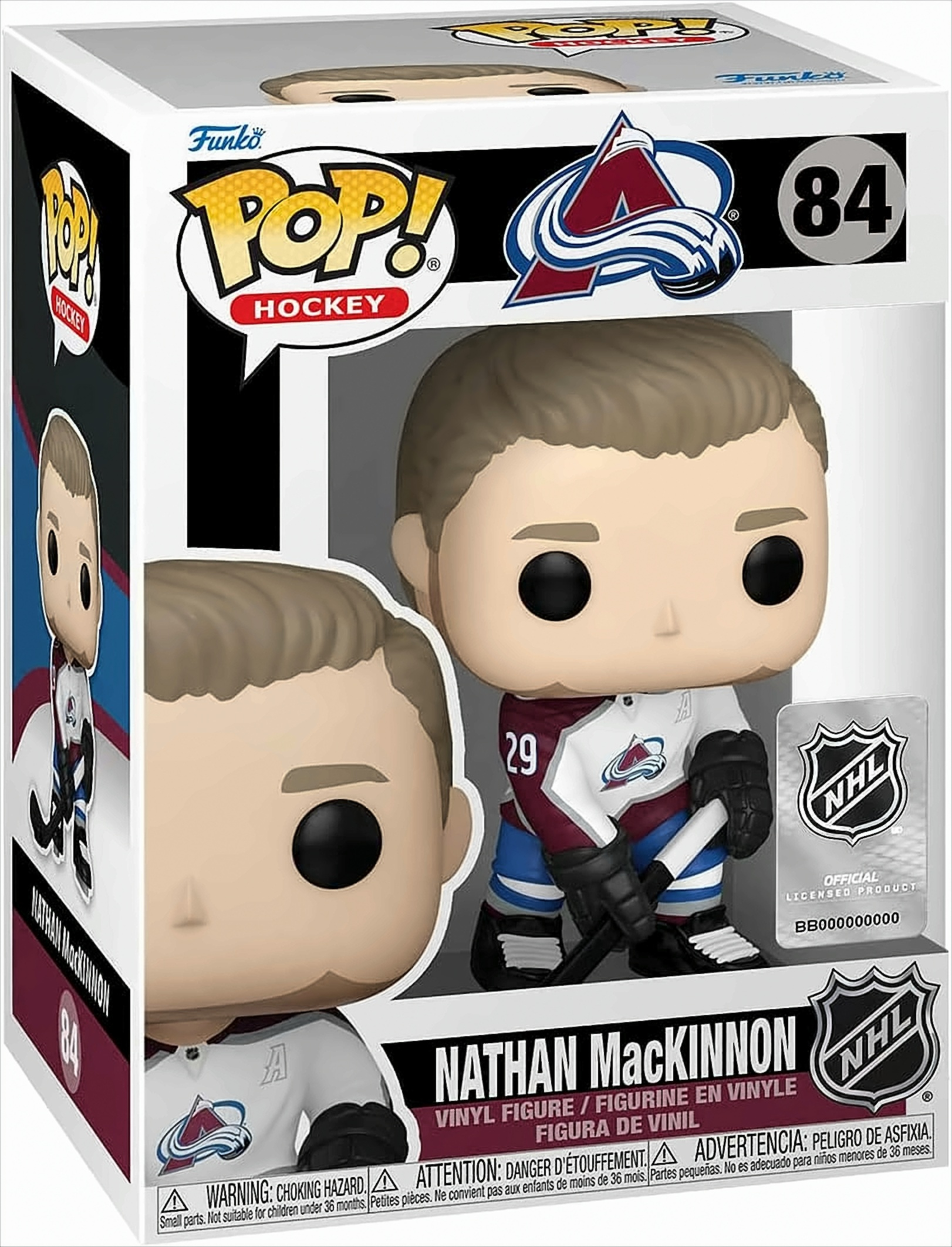 Eine Funko Pop-Figur von Nathan MacKinnon in seinem Hockey-Trikot in einer Displaybox.