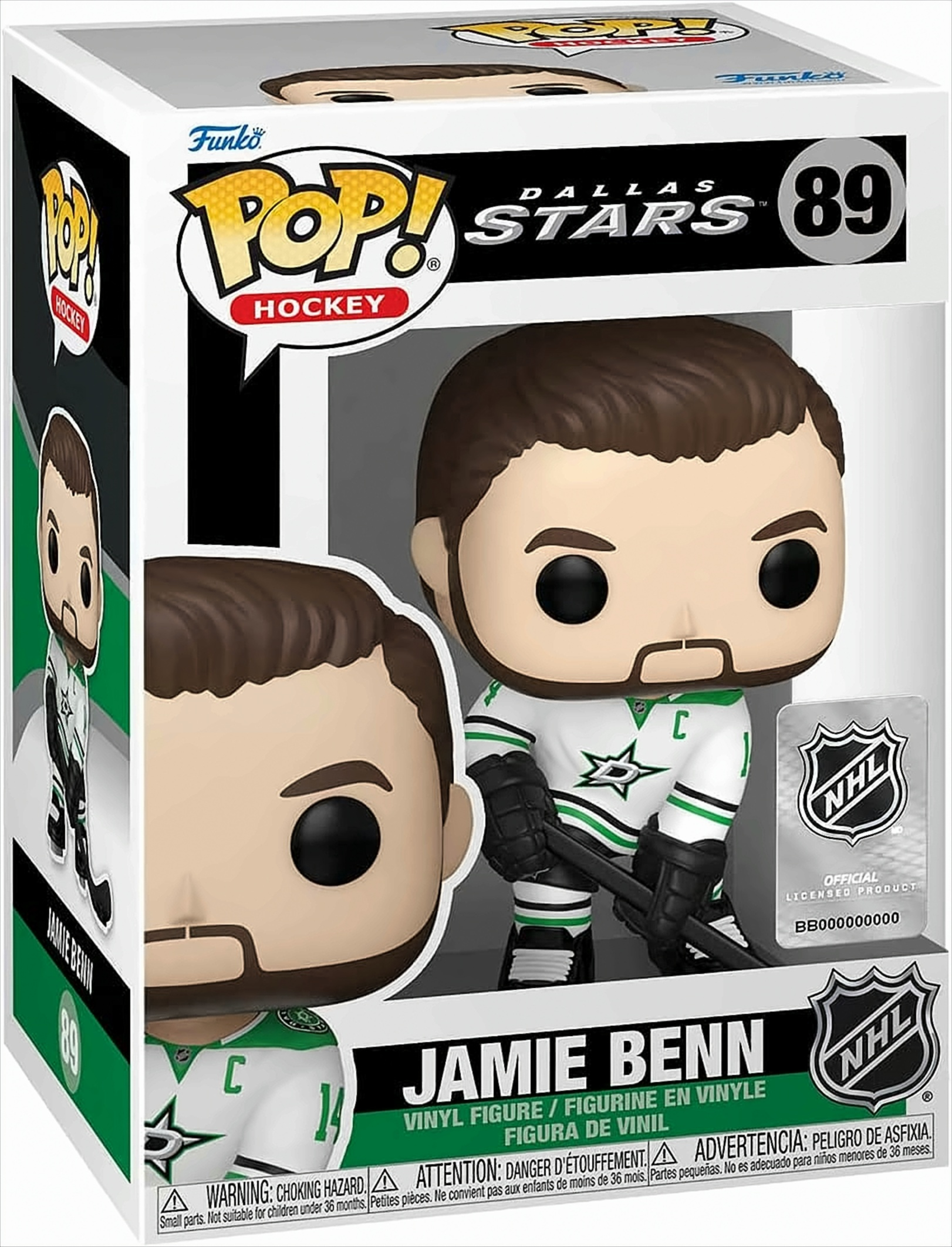 Box mit Jamie Benn-Figur. Er trägt eine Hockey-Uniform. Dallas Stars Logo, Funko Pop Logo und NHL-Lizenz sind sichtbar.