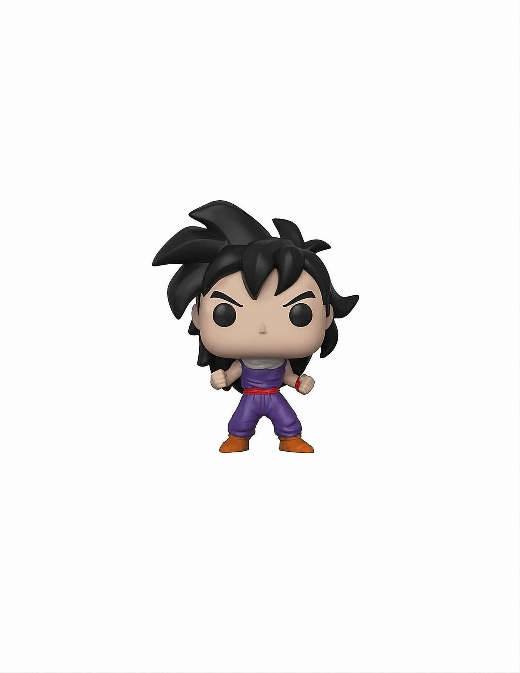 Funko Pop Figur einer Figur mit stacheligen schwarzen Haaren in einem lila-orangen Outfit.