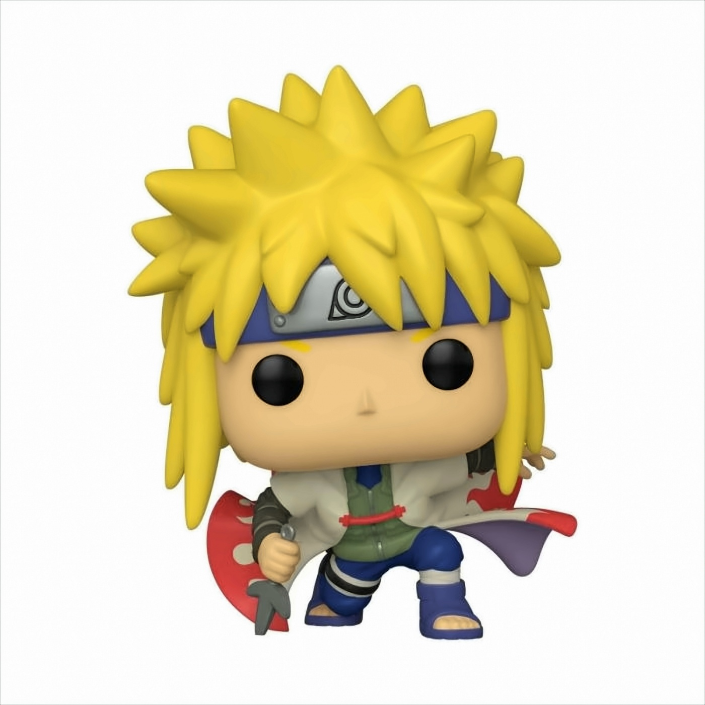 Een Funko Pop-figuur van Minato Namikaze, met stekelig geel haar en een kunai vasthoudend.