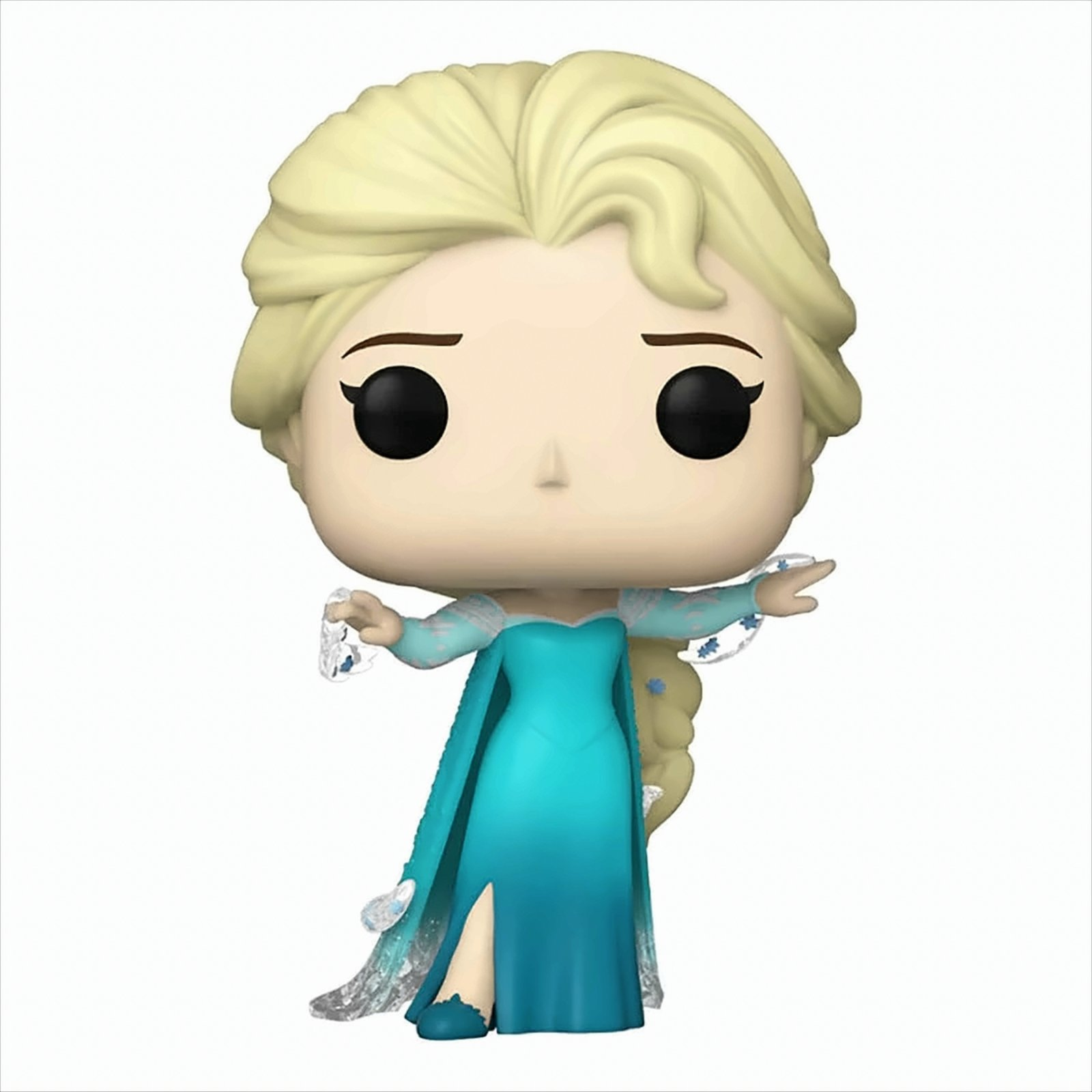Una figura Funko Pop de Elsa, de Frozen. Cabello rubio, vestido azul, fondo blanco.