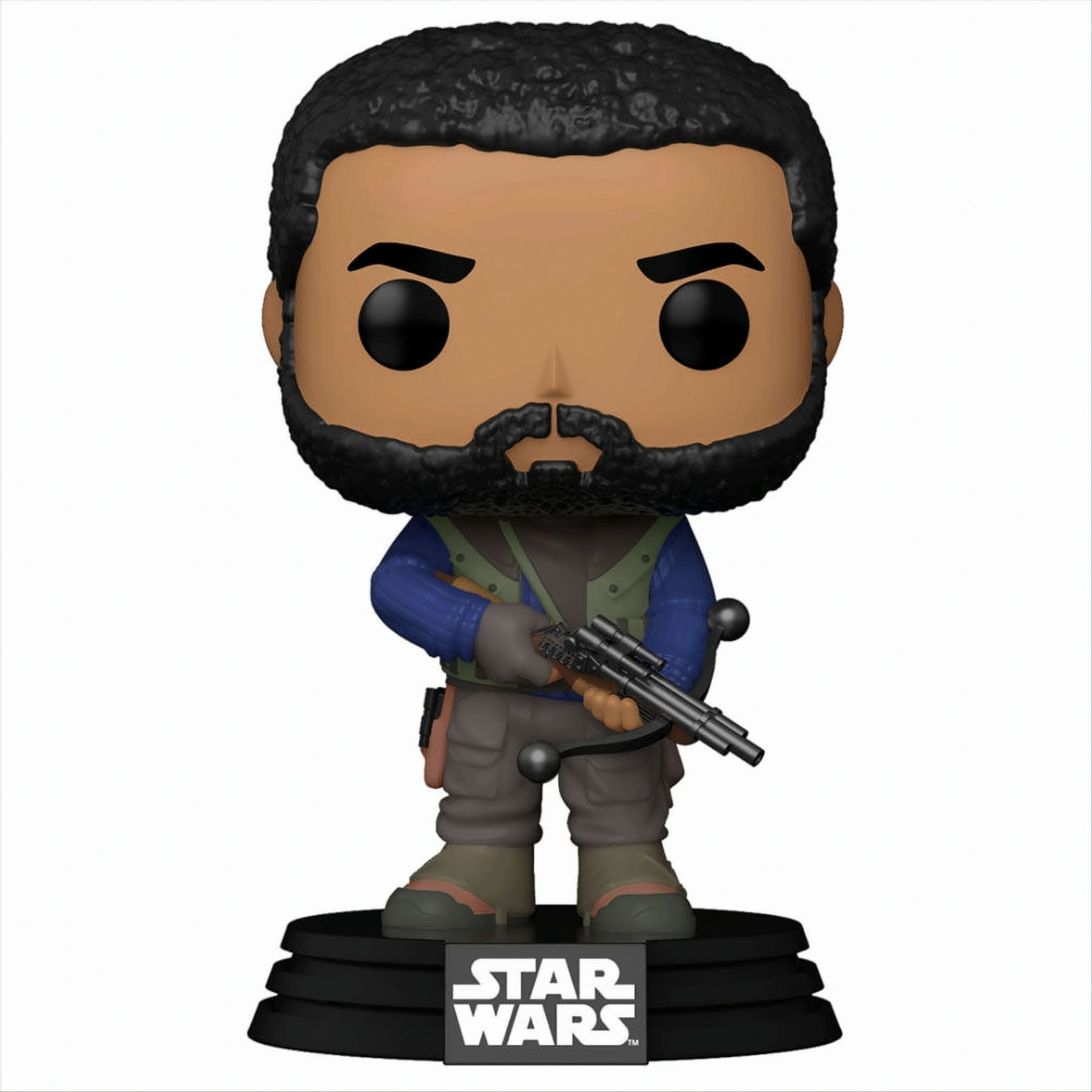 Funko Pop di un personaggio di Star Wars con un'arma, su un supporto nero.