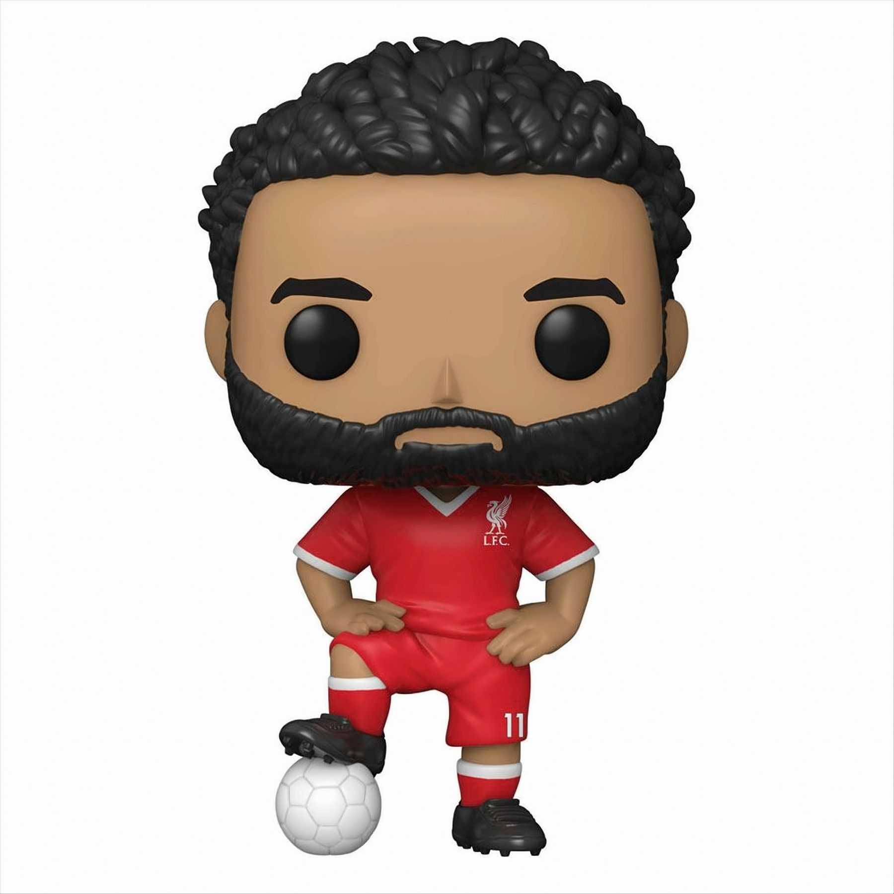 Funko Pop-Figur eines Fußballspielers in roter Uniform, mit schwarzen Haaren und Bart, auf einem Fußball.