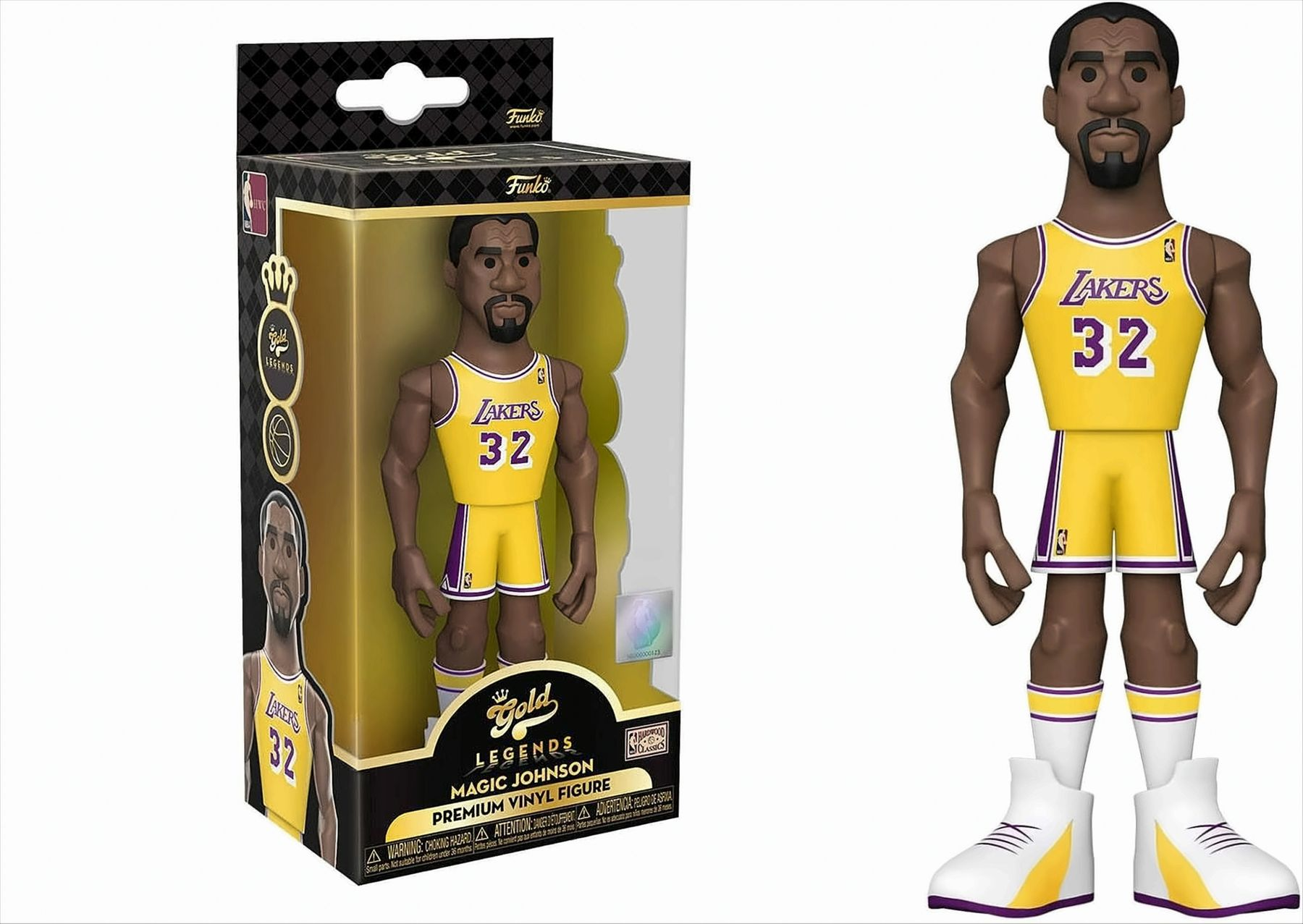 Funko-Figur von Magic Johnson im Lakers-Trikot, in und außerhalb der Box.