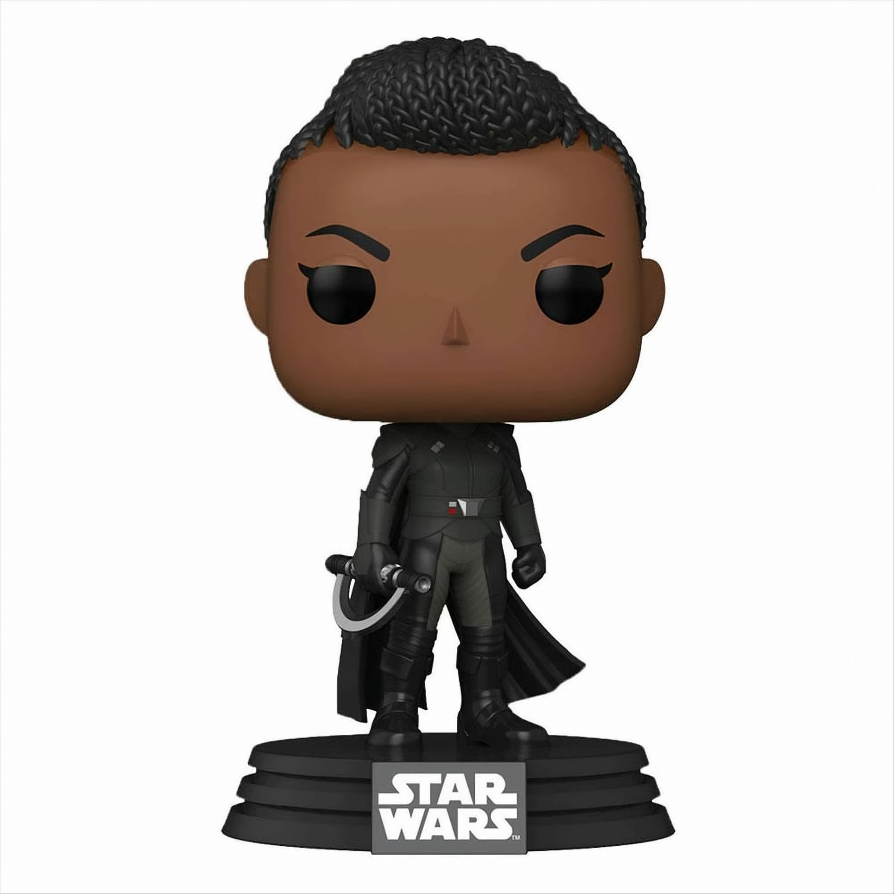 Funko Pop Figur einer schwarzen Frau im Star Wars Outfit auf schwarzem Sockel.