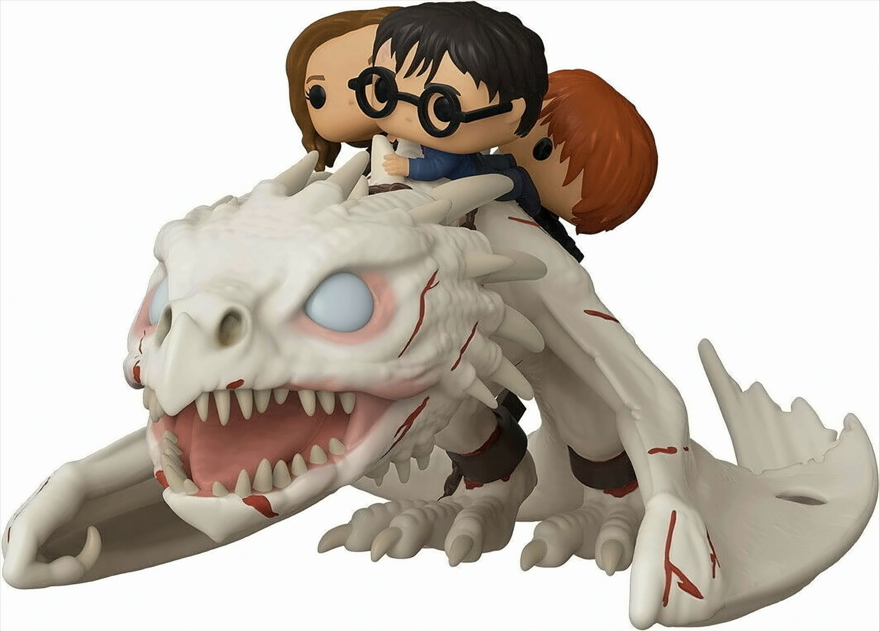 Funko Pop dei personaggi di Harry Potter in sella a un drago bianco. Hermione, Harry e Ron sono sul drago.