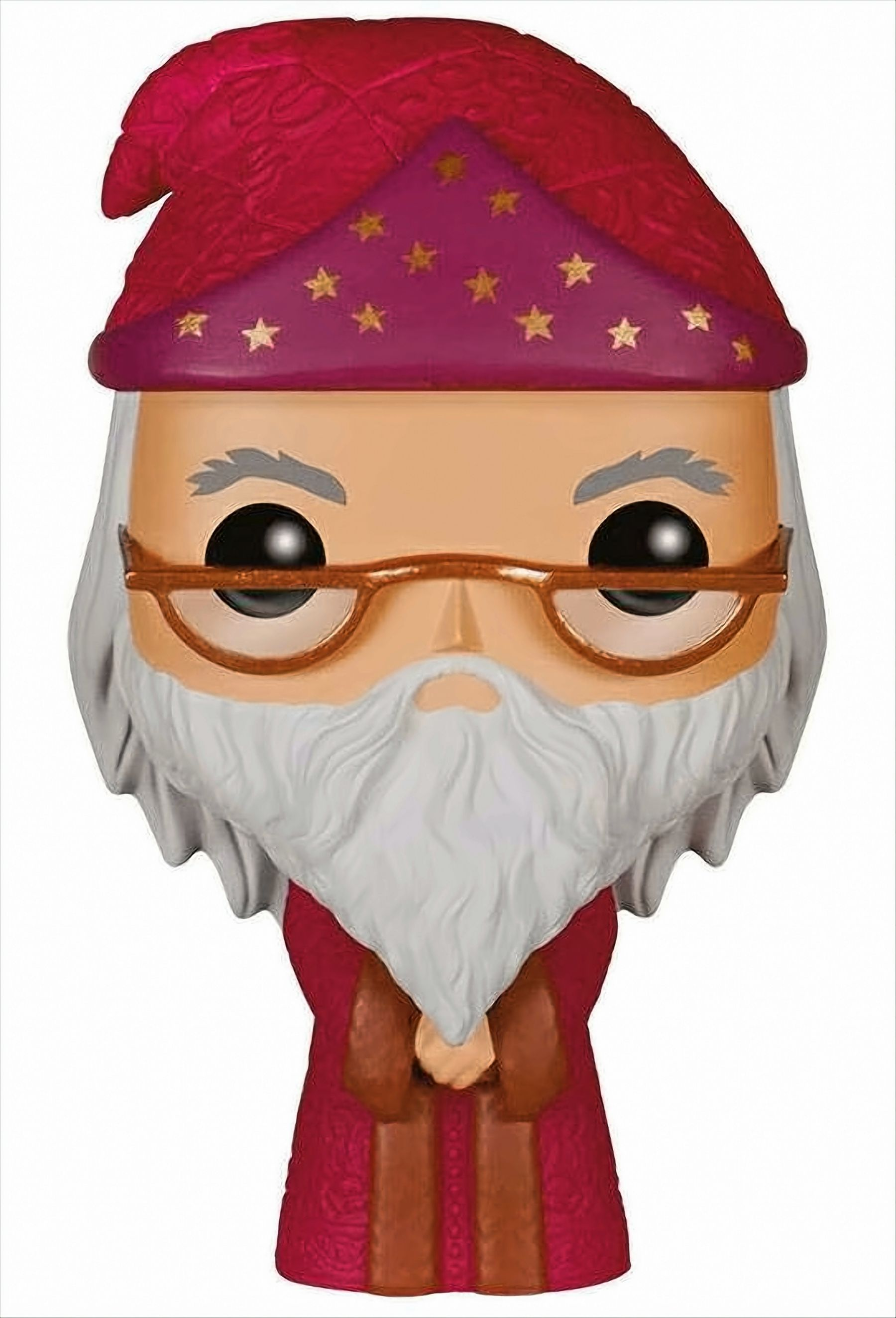Figurka Funko Pop Dumbledore, z czerwoną szatą, kapeluszem, okularami i białą brodą.
