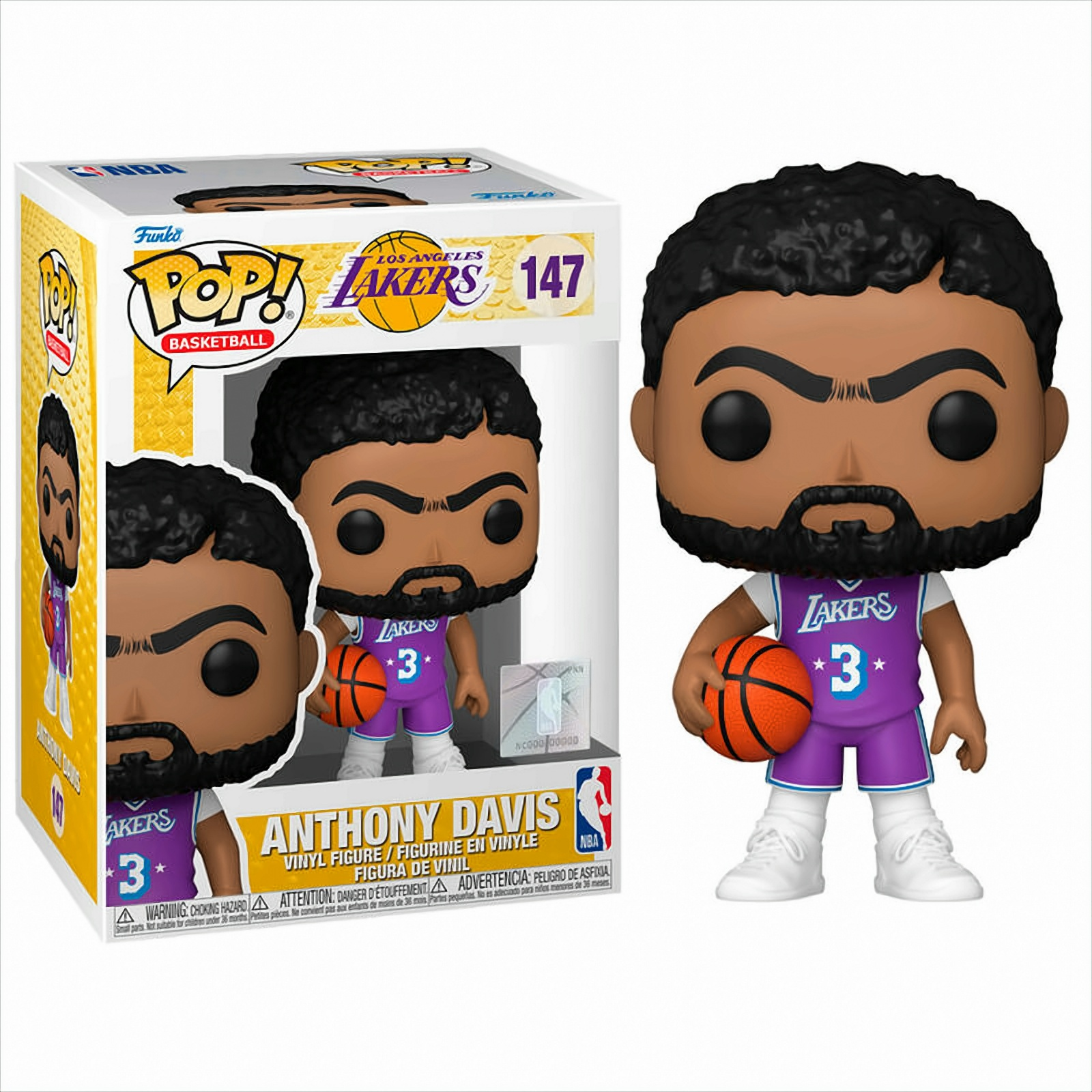 Anthony Davis Funko Pop Figur mit Basketball und Lakers Trikot, in einer Box.