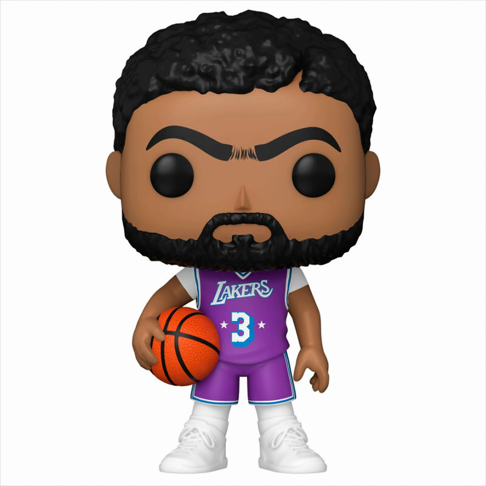 Funko Pop Figur eines Basketballspielers, der ein Lakers-Trikot trägt und einen Basketball hält.
