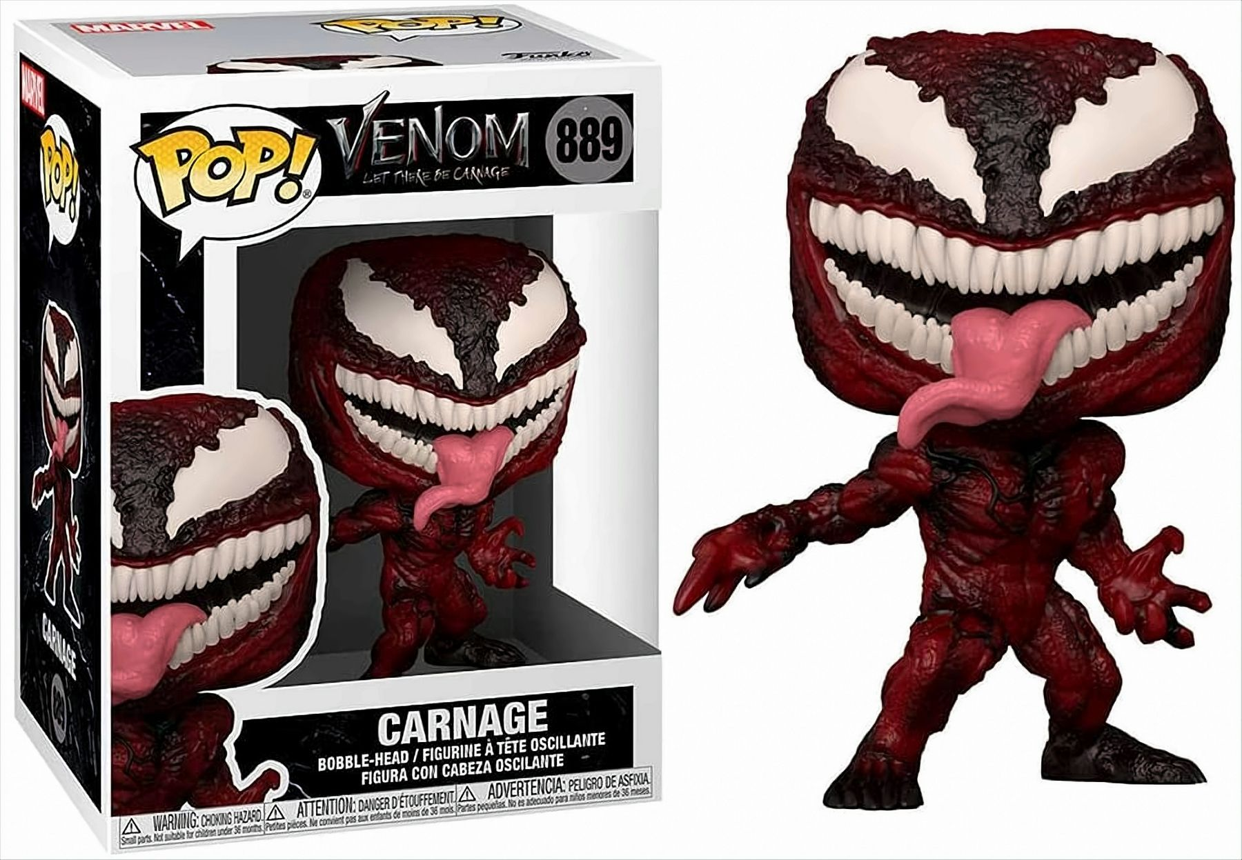 Figurina Funko Pop di Carnage con le caratteristiche del personaggio. Scatola a sinistra con la figurina all'interno.