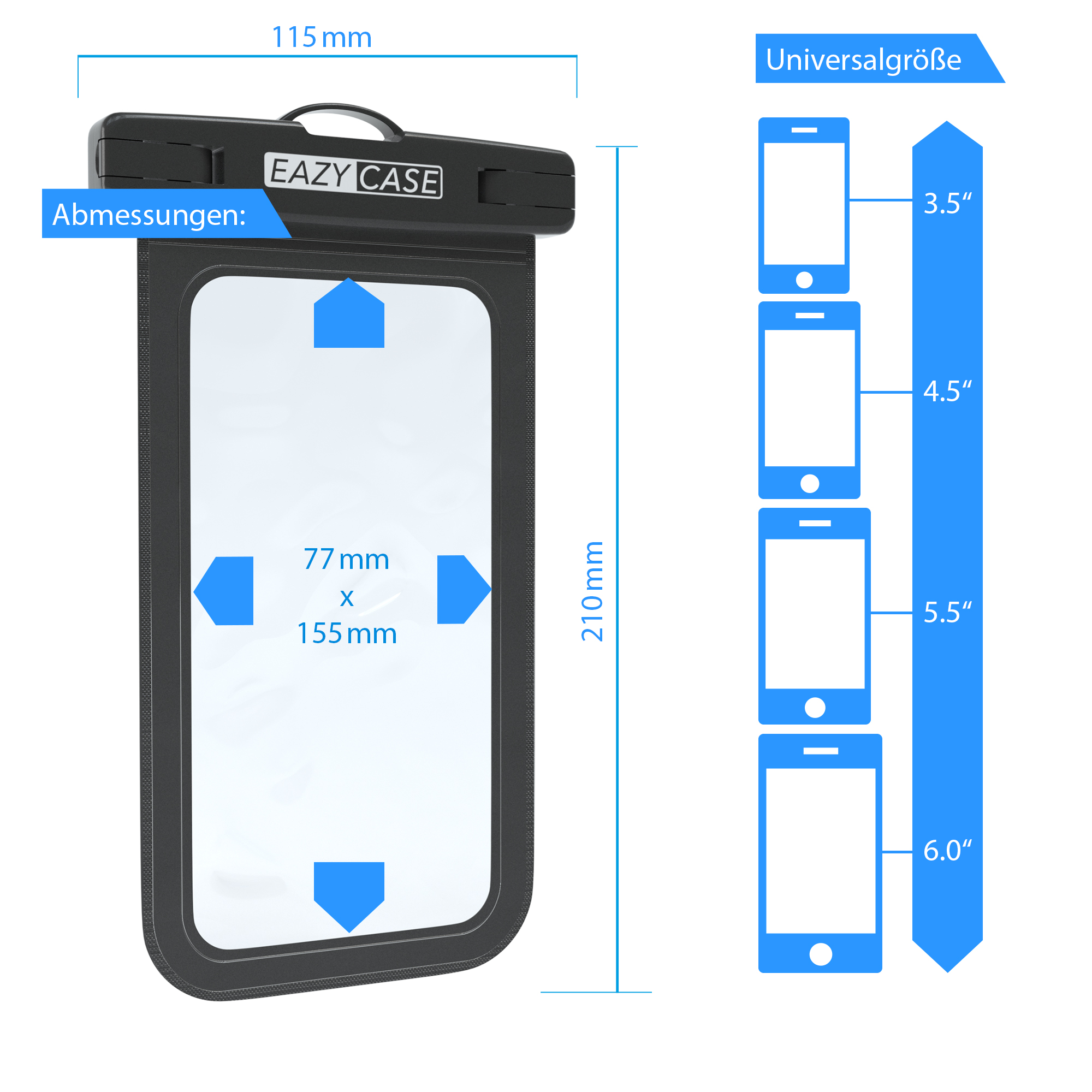 Schwarz EAZY Displaygröße Unterwasserschutzhülle Unterwasserschutzhülle, CASE Universal, Smartphone 6.0\