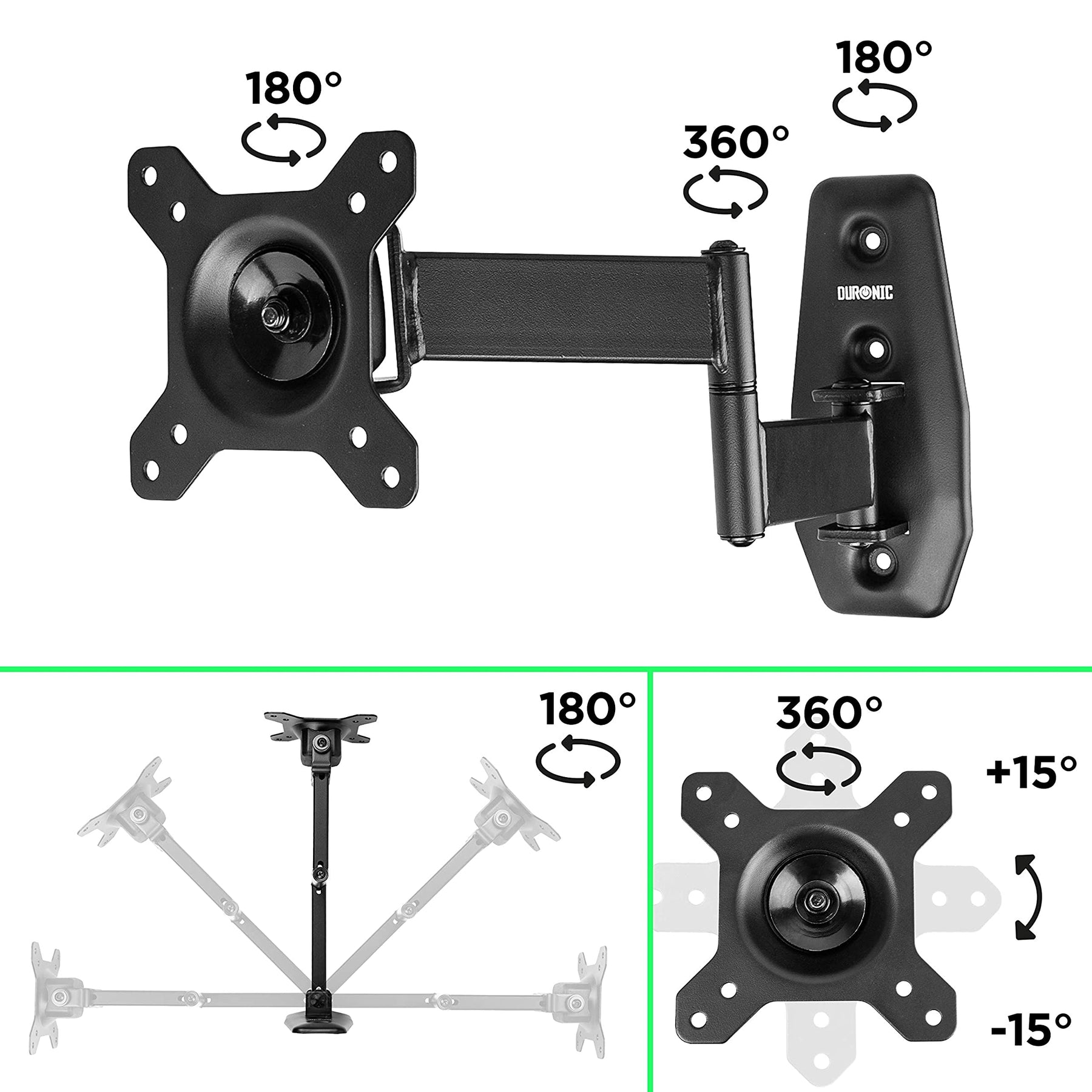 Schwarze Monitorhalterung mit Pfeilen, die 180 und 360 Grad Drehung zeigen. Außerdem Wand- und Fußhalterung.