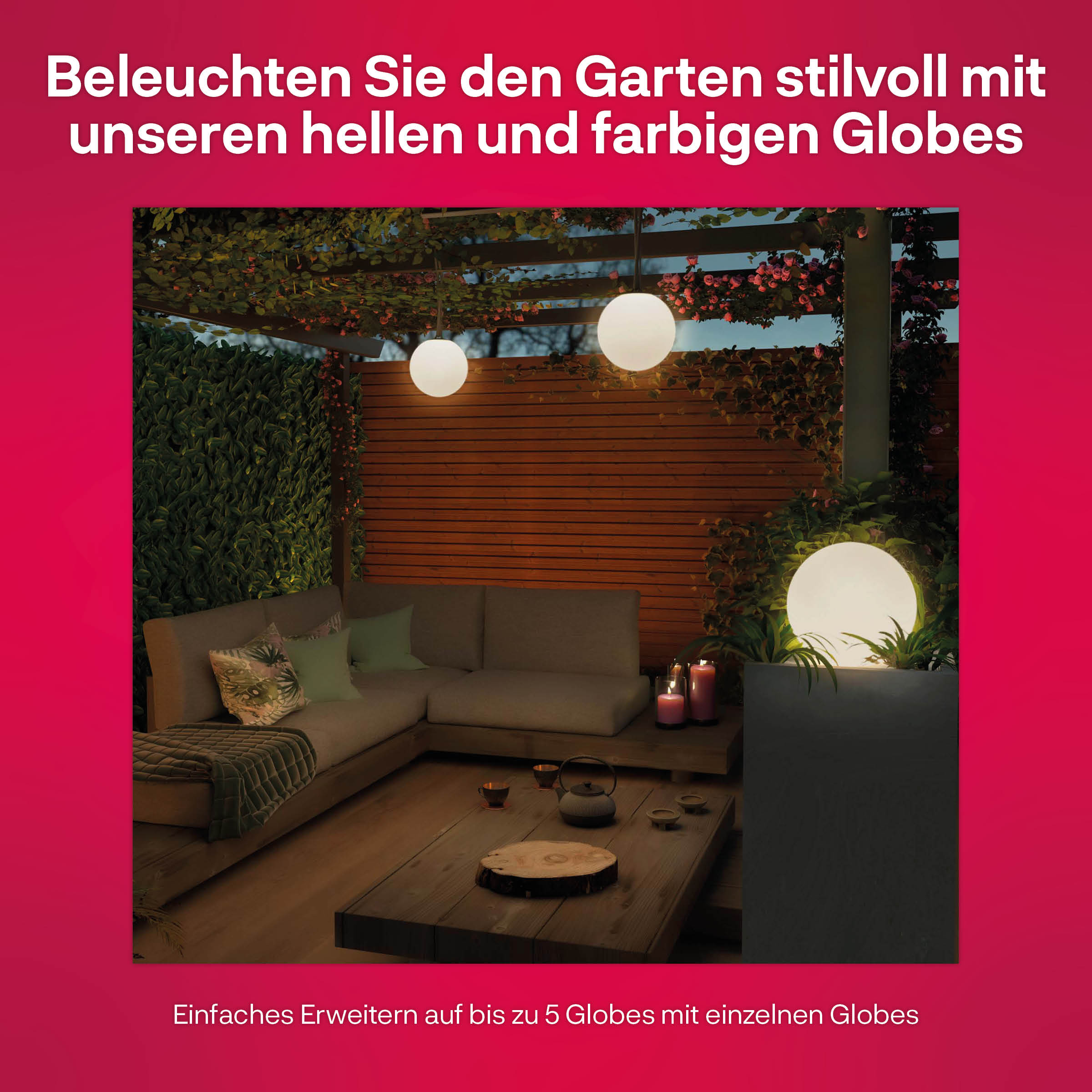 Szene im Freien mit hängenden Kugelleuchten. Enthält ein Sofa, einen Holztisch und einen dunkelroten Hintergrund.