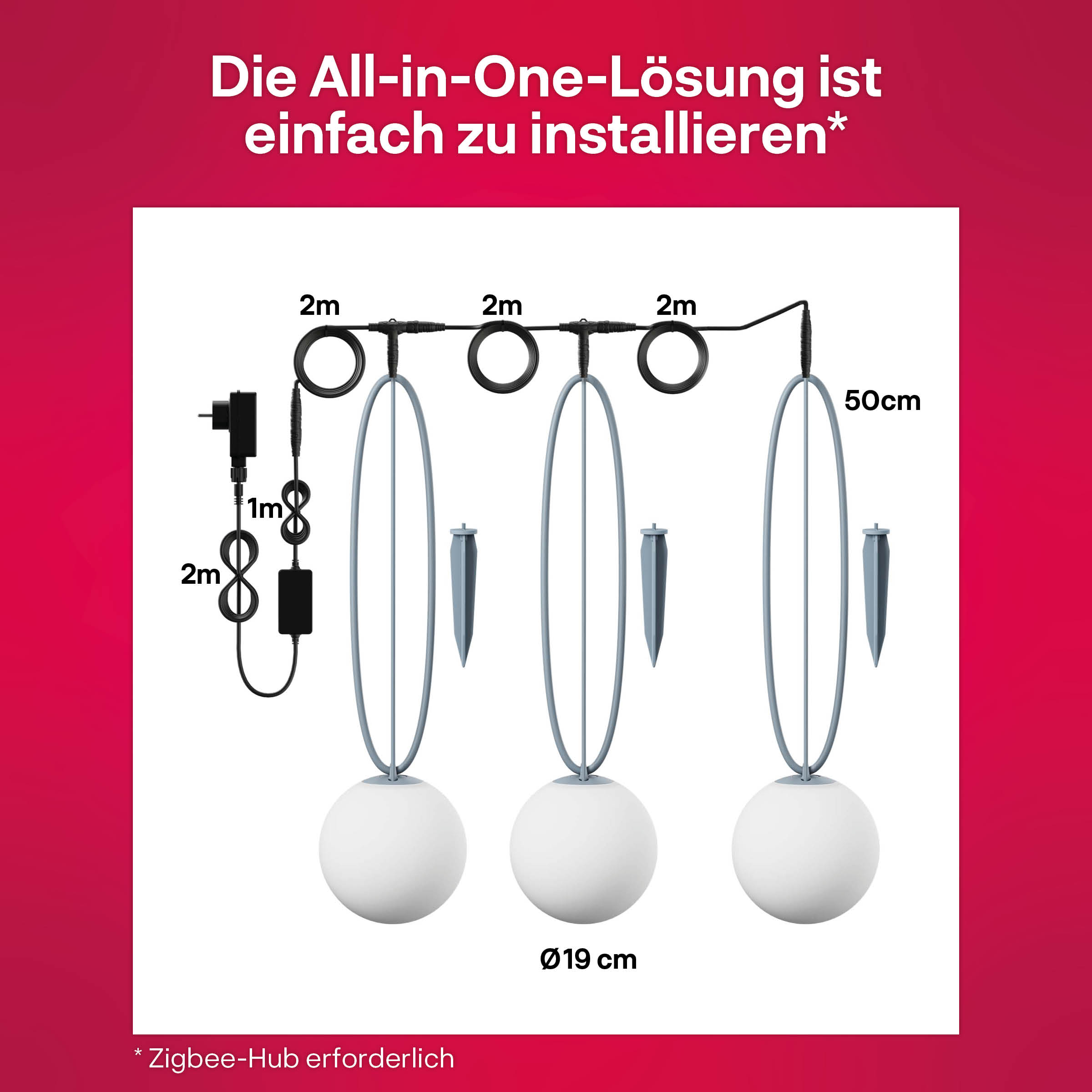 Diagramm eines Dreilicht-Außenbeleuchtungssystems mit Maßangaben.