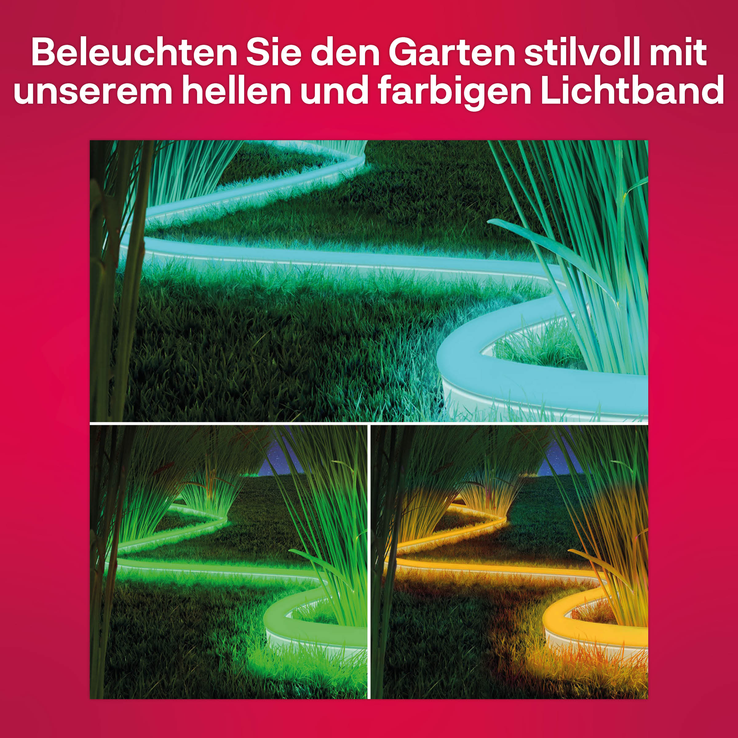 Garten mit farbigen LED-Streifen beleuchtet. Grünes, blaues und gelbes Licht schlängelt sich durch Gras.
