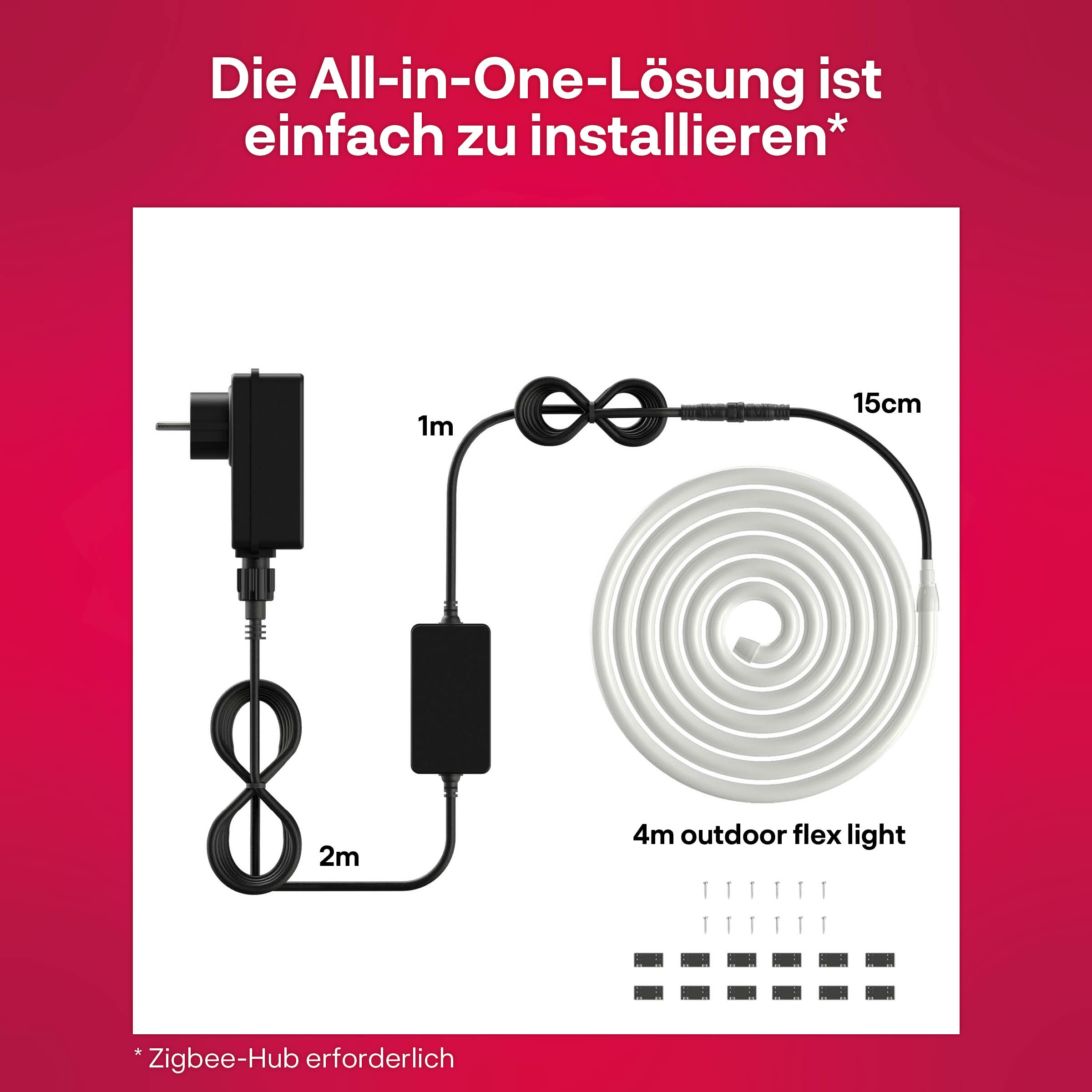 Eine All-in-One-Beleuchtungslösung mit Netzteil, Kabel und einer Rolle Lichter.
