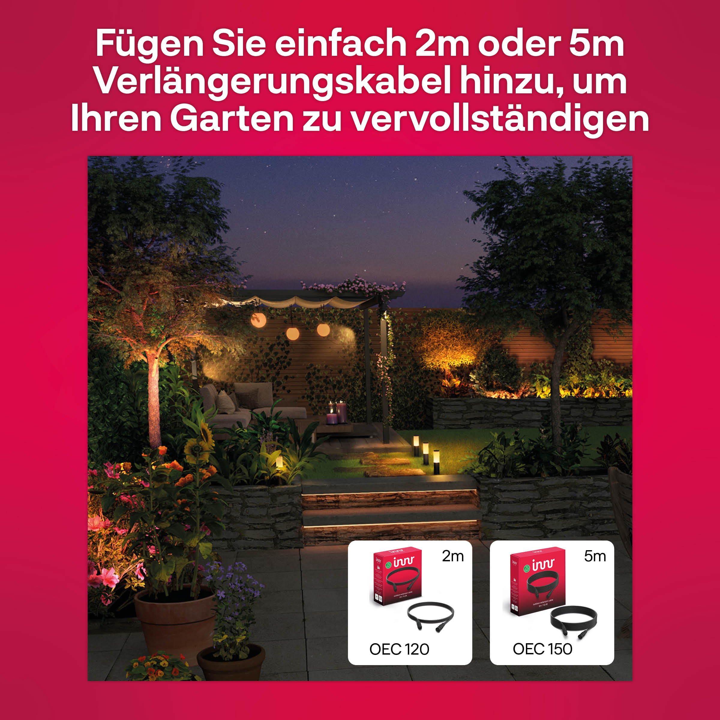 Eine Gartenszene bei Nacht mit Lichtern und Text in roten Kästen, die Verlängerungskabel bewerben, 2m und 5m lang.