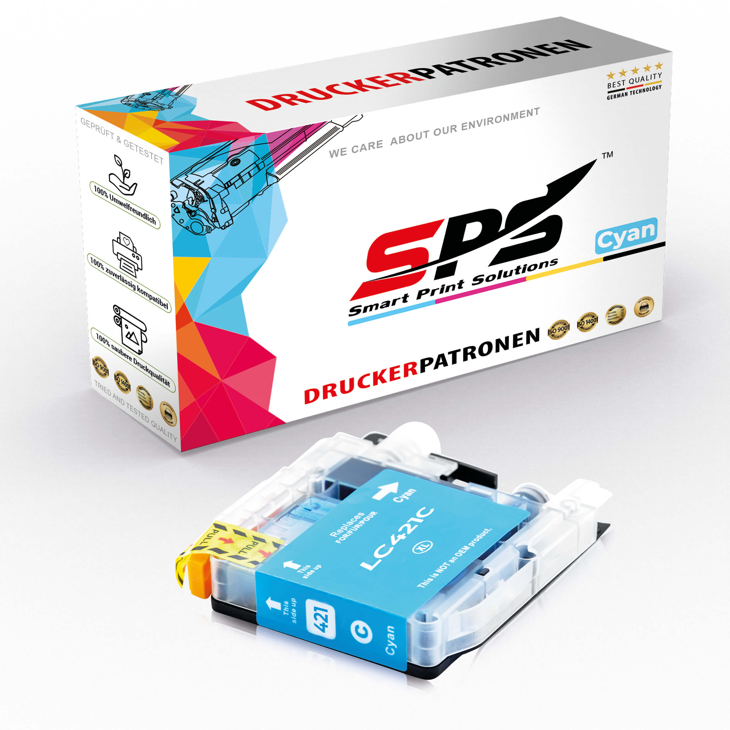 Cyan-Tintenpatrone und -Box. Die Box hat Text und Grafiken. Cyan-Farbe prominent.