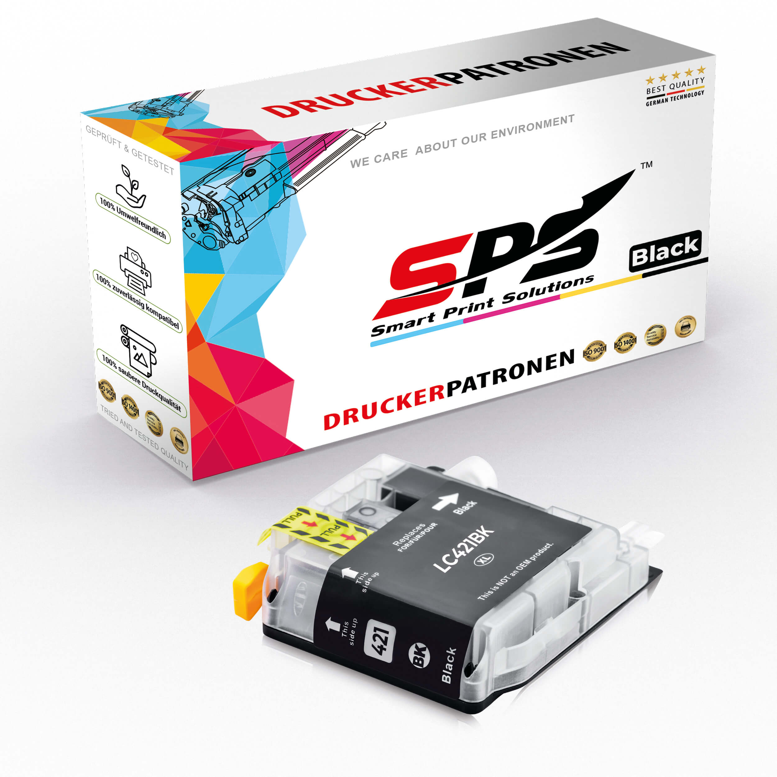 Tintenpatrone für einen Drucker. Die Patrone ist schwarz und weiß. Die Verpackung ist rechts.