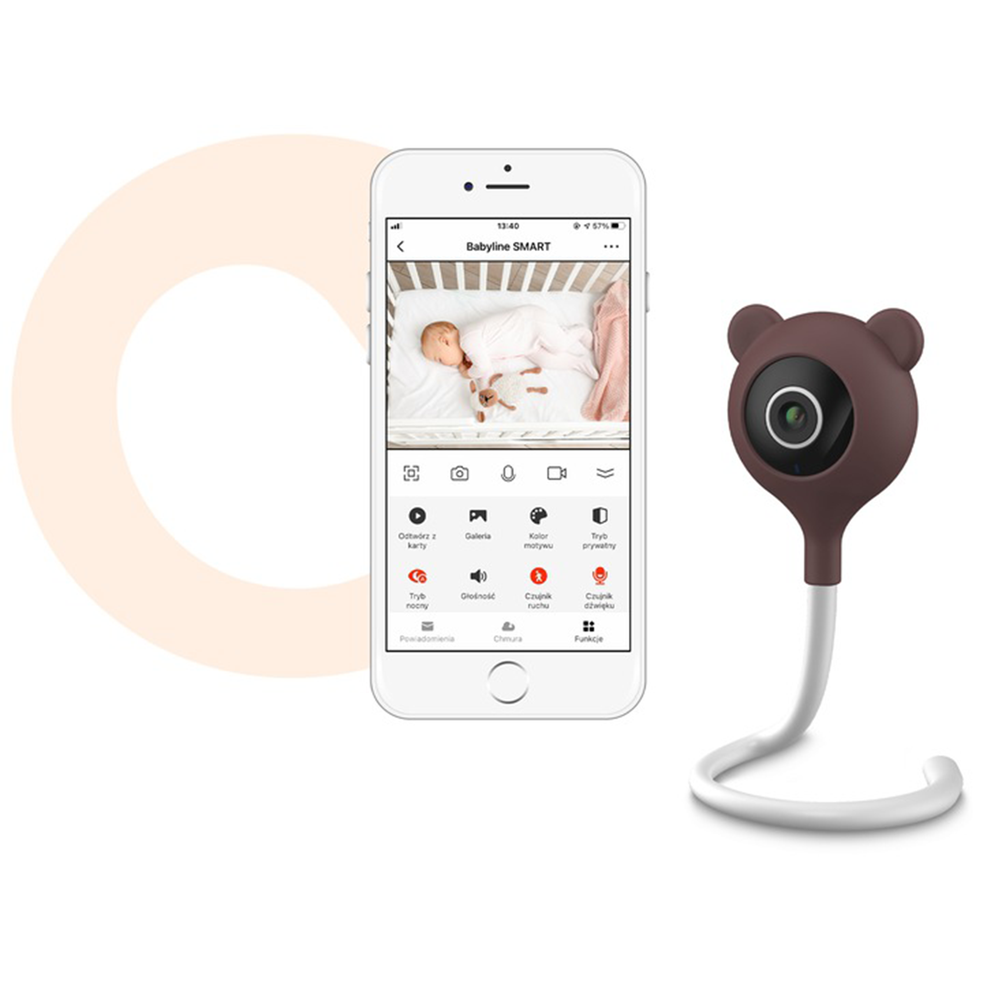 Ein Babyphone, das ein Baby auf einem Telefonbildschirm anzeigt, mit einer bärenförmigen Kamera rechts.