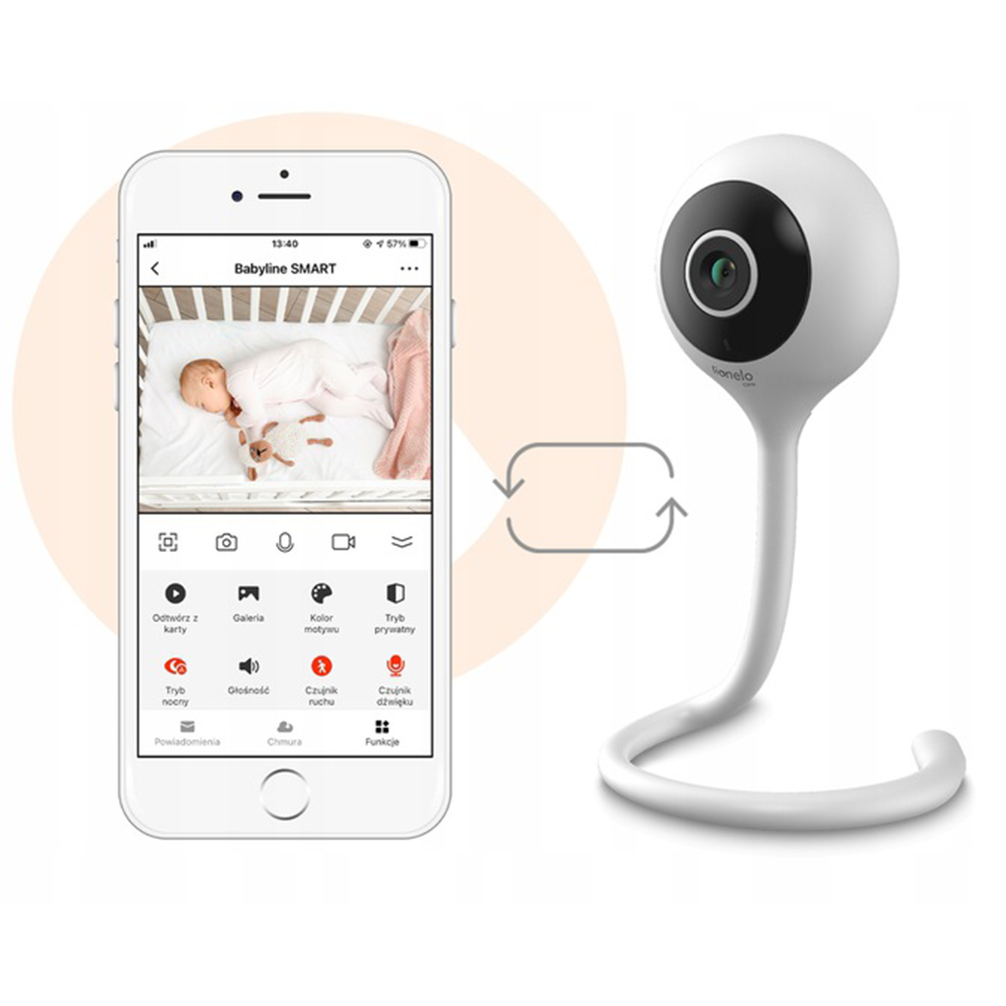 Ein Babyphone mit einem Telefon, das ein Baby in einem Kinderbett zeigt.