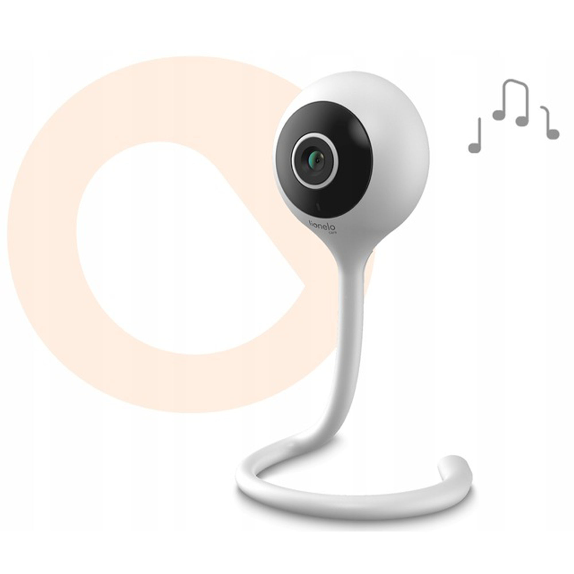 Weißer Babyphone mit gebogenem Hals. Symbol mit zwei Noten.