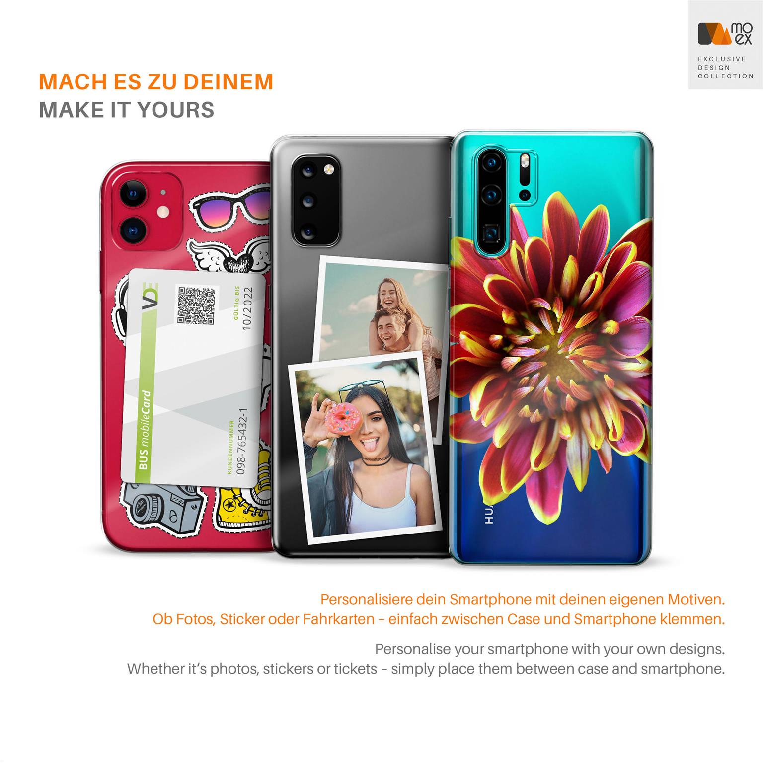 Drei Smartphones mit Hüllen. Rot, grau und türkis. Jedes zeigt ein anderes Bild.