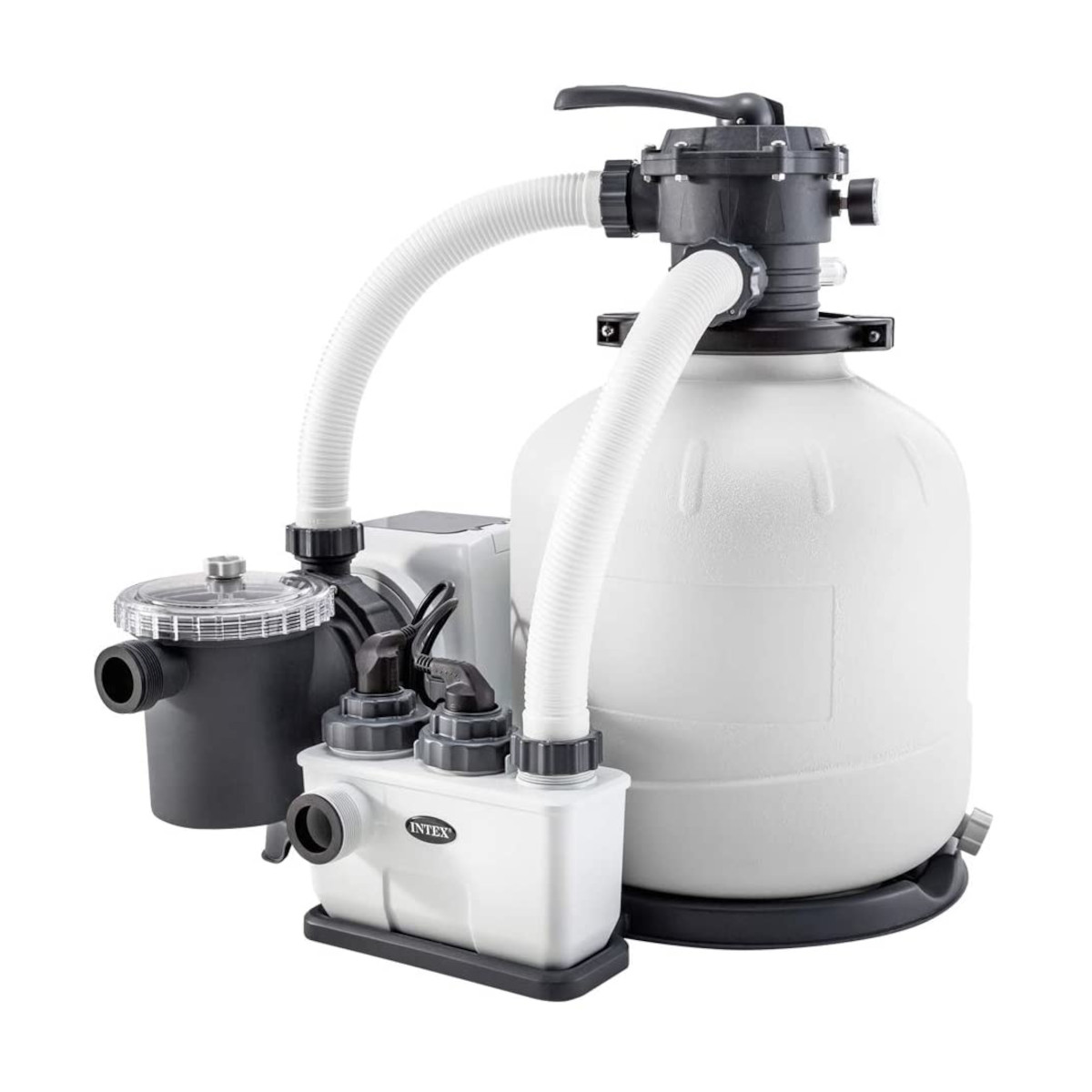 Ein weiß-schwarzes Poolfiltersystem mit zwei weißen Schläuchen auf weißem Grund.