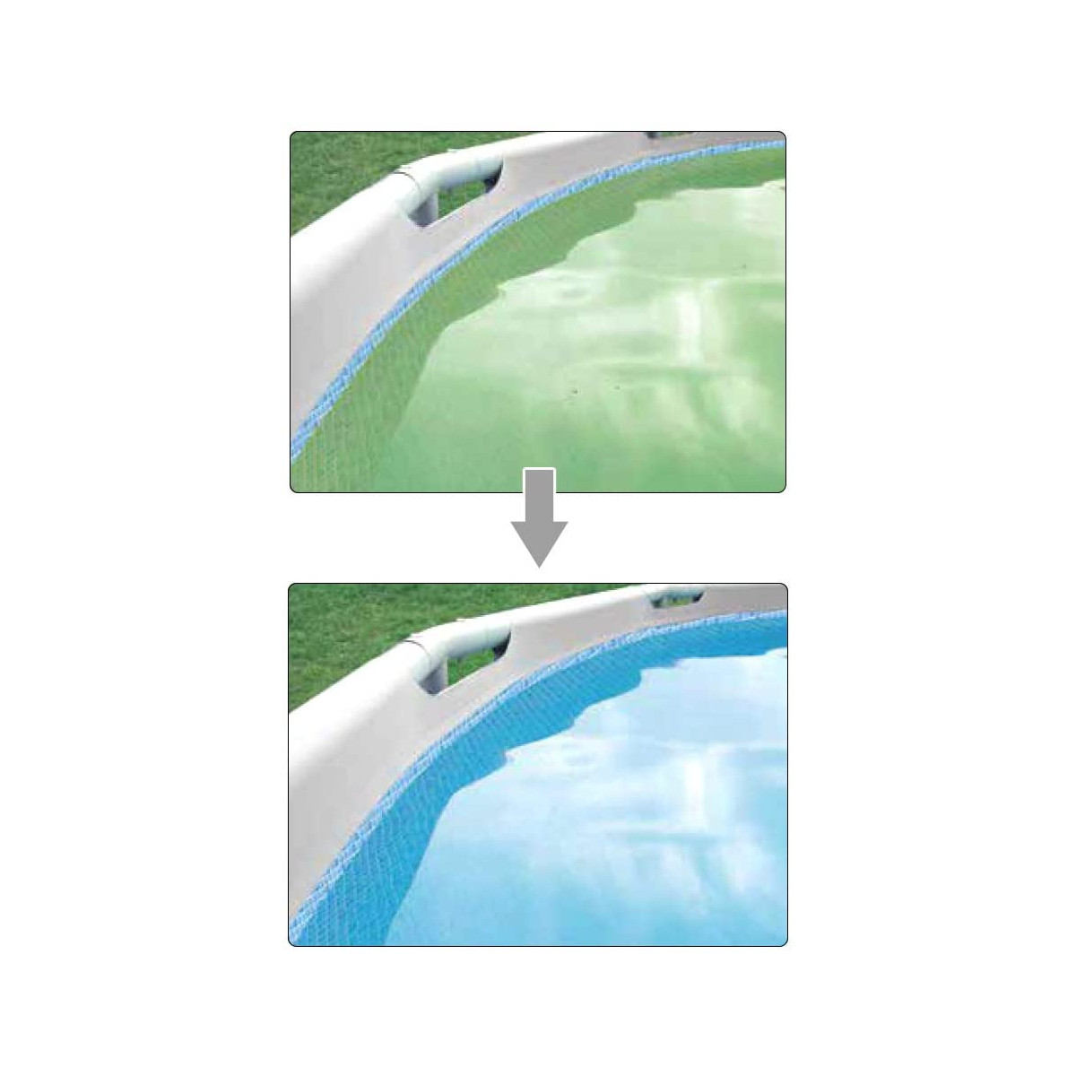 Zwei Bilder eines Pools. Eines zeigt grünes Wasser, das andere klares blaues Wasser.