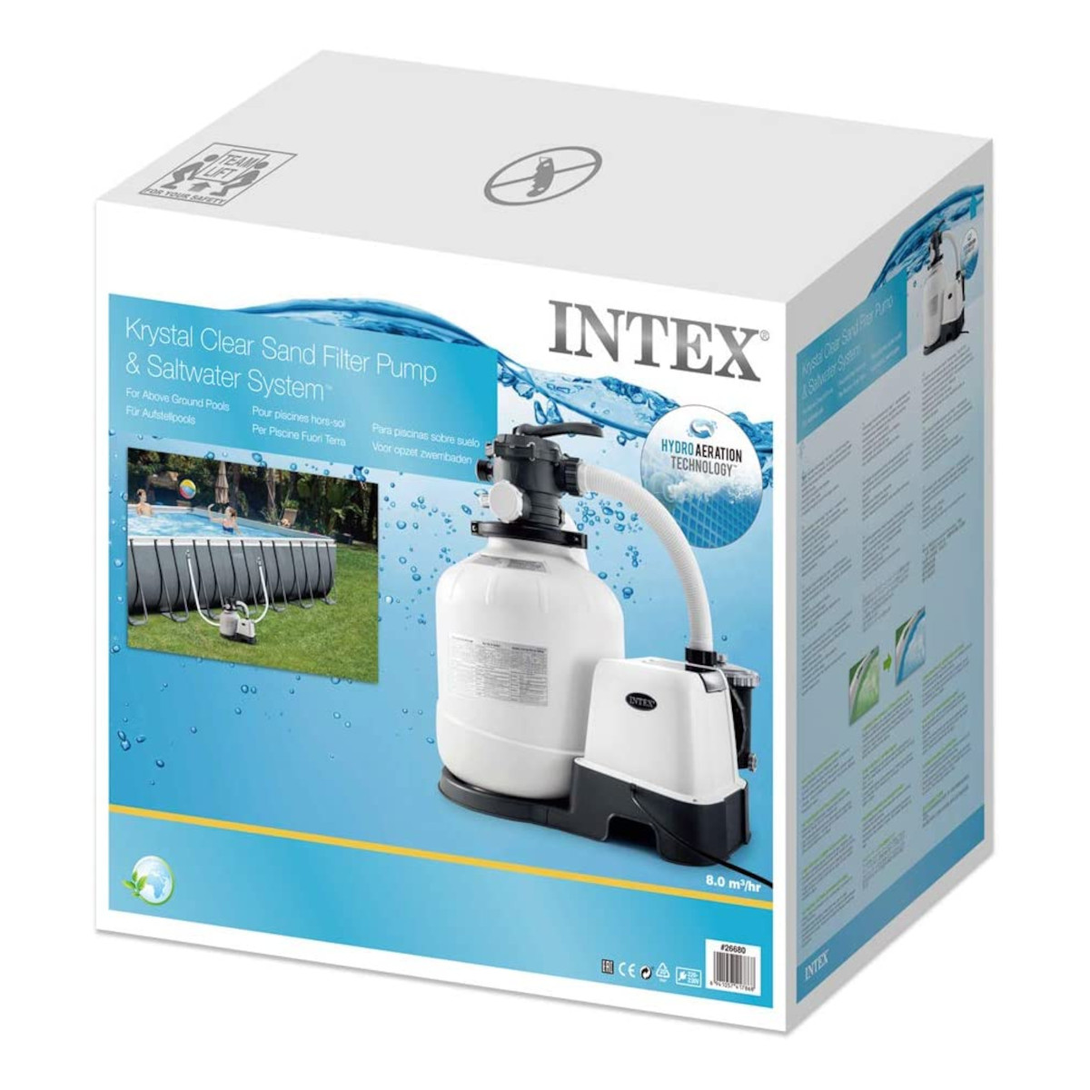 Eine weiße Box mit einer Sandfilterpumpe, einem Bild eines Pools und dem Intex-Logo.
