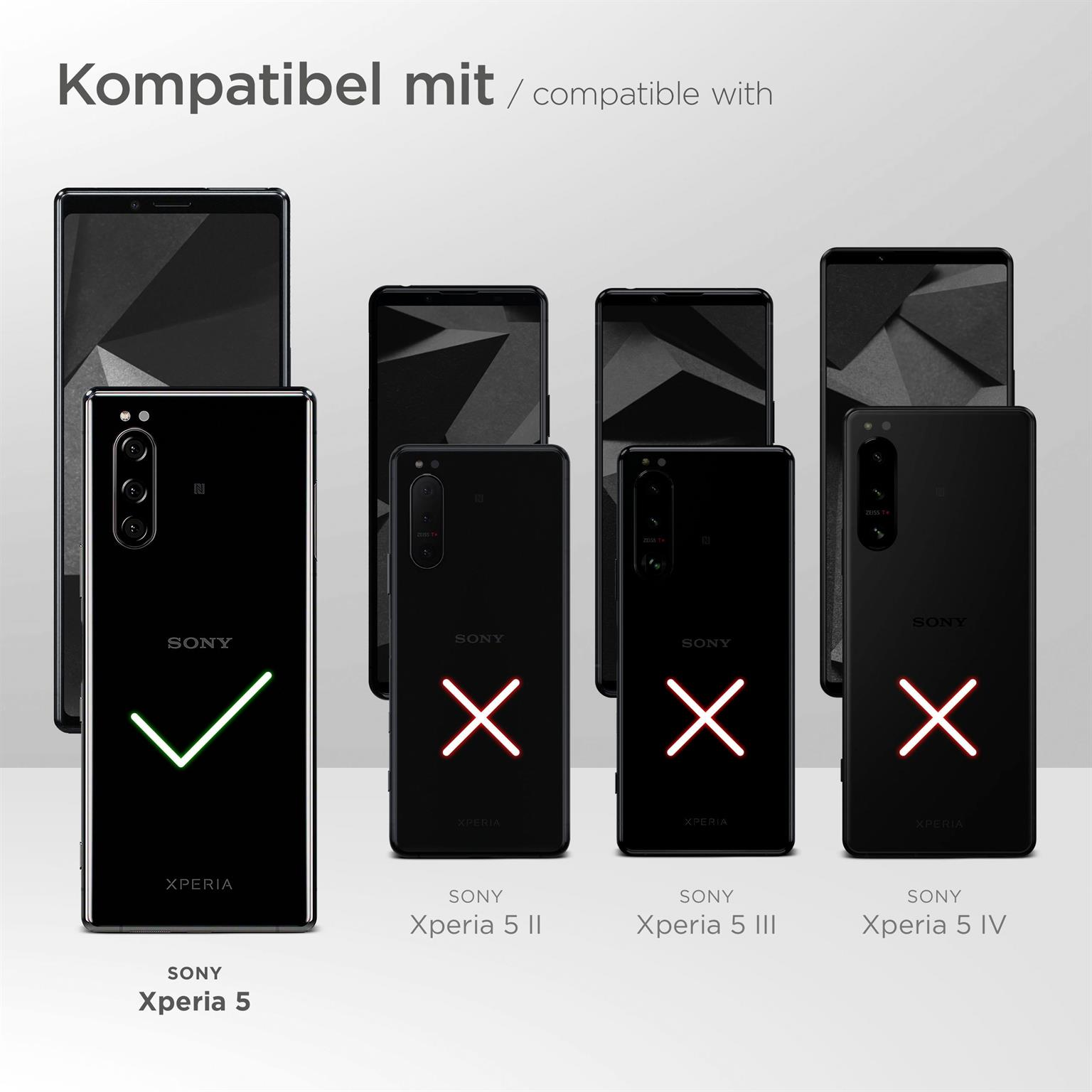 Hüllen auf Handys, Sony Xperia 5 mit Häkchen markiert. Weißer Hintergrund.