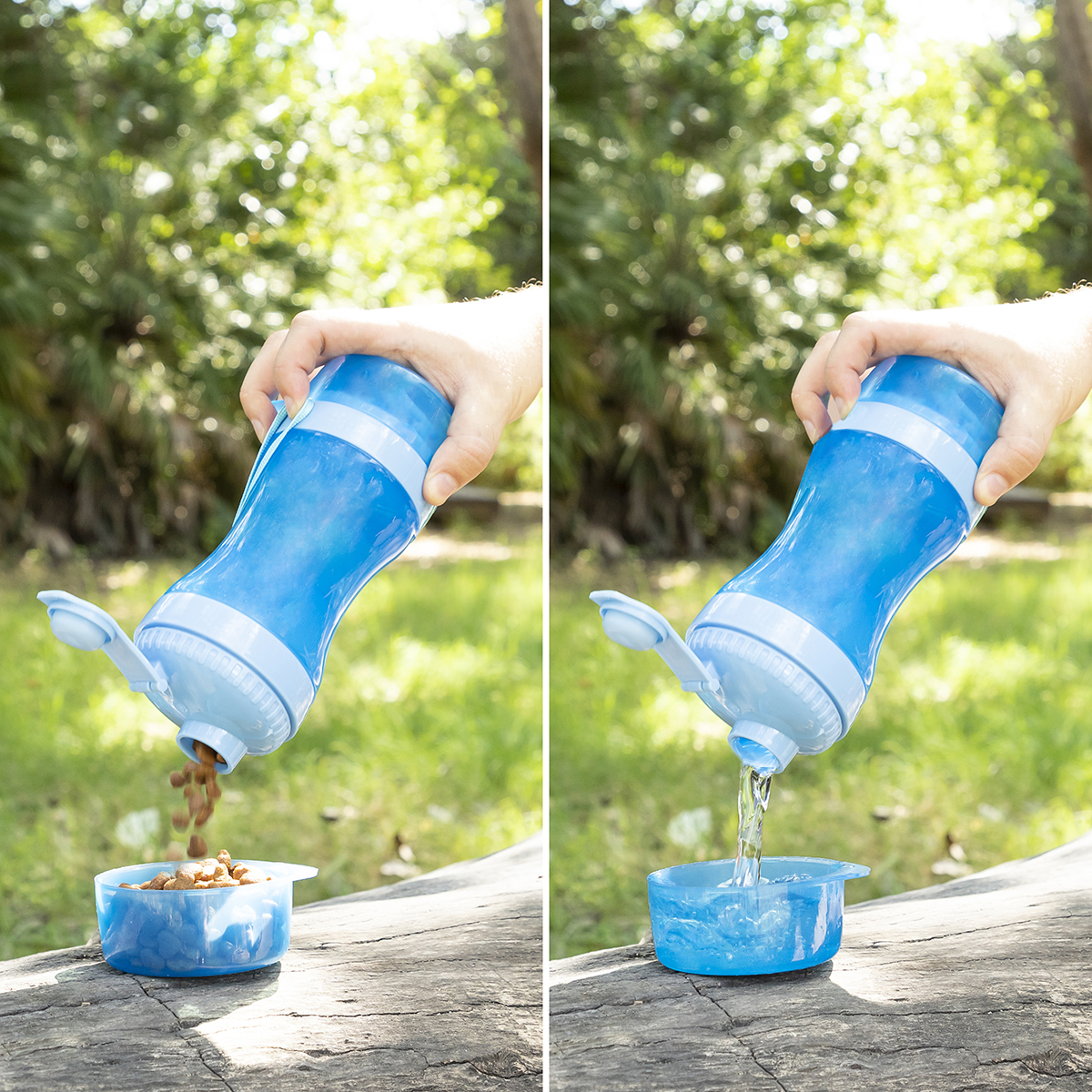Zwei Bilder, die eine blaue Wasserflasche zeigen, die Futter und Wasser abgibt.