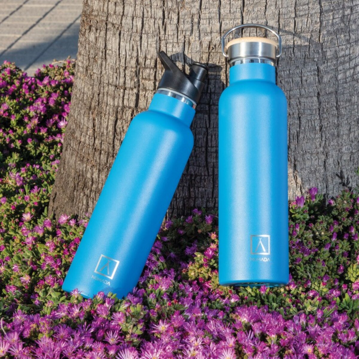 Dos botellas de agua azules se apoyan en un tronco, rodeadas de flores moradas. Una botella tiene tapa negra.