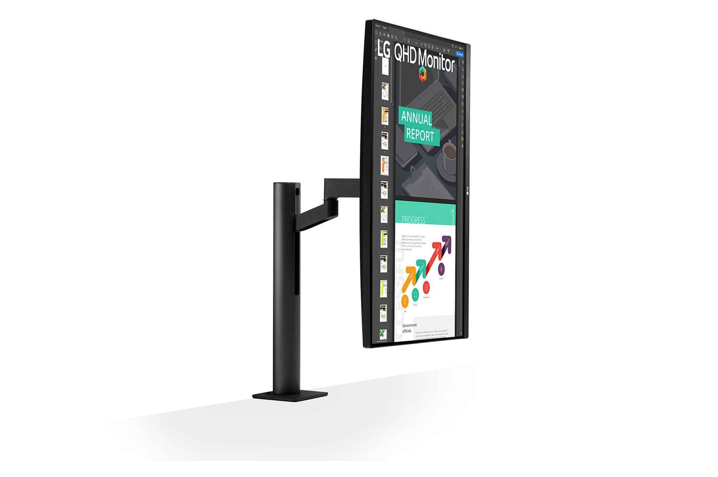 Ein LG QHD-Monitor im Hochformat, montiert auf einem schwarzen Ständer. Auf dem Bildschirm wird ein Jahresbericht angezeigt.