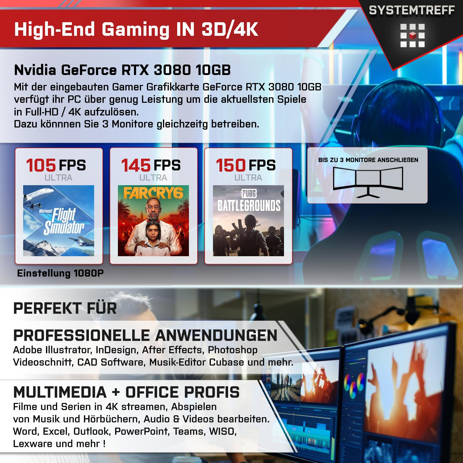 Pro, Gaming Intel GeForce Gaming i9 Prozessor, GB SYSTEMTREFF Intel® 11 RAM, PC Core 32 High-End mit 1000 GB mSSD, Core™ 3080 RTX™ NVIDIA Windows i9-13900KF,
