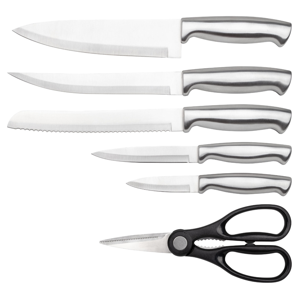 Sechs Küchenmesser und eine Schere aus Edelstahl auf weißem Hintergrund.
