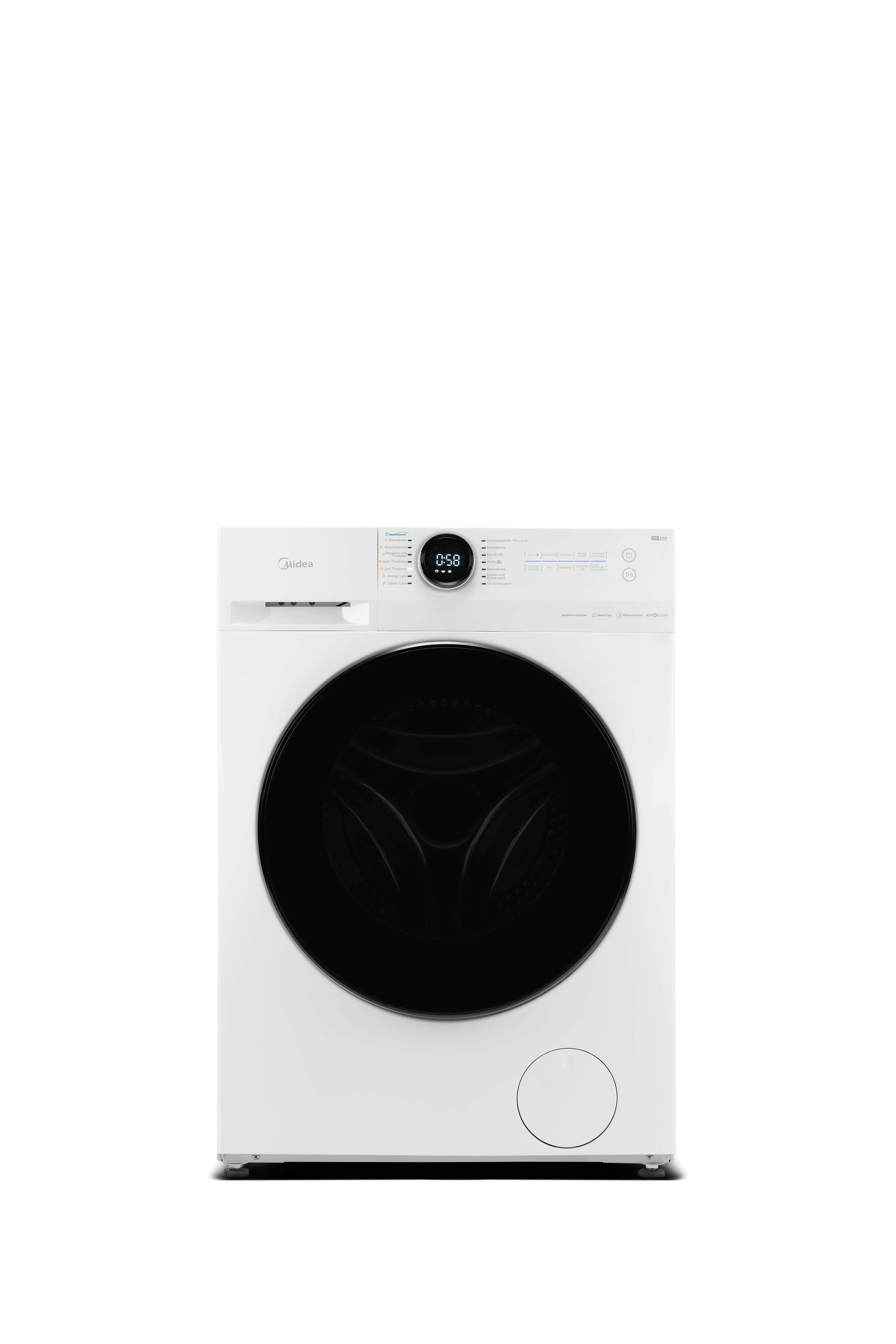 Eine weiße Midea Waschmaschine mit schwarzer Tür und Bedienfeld.