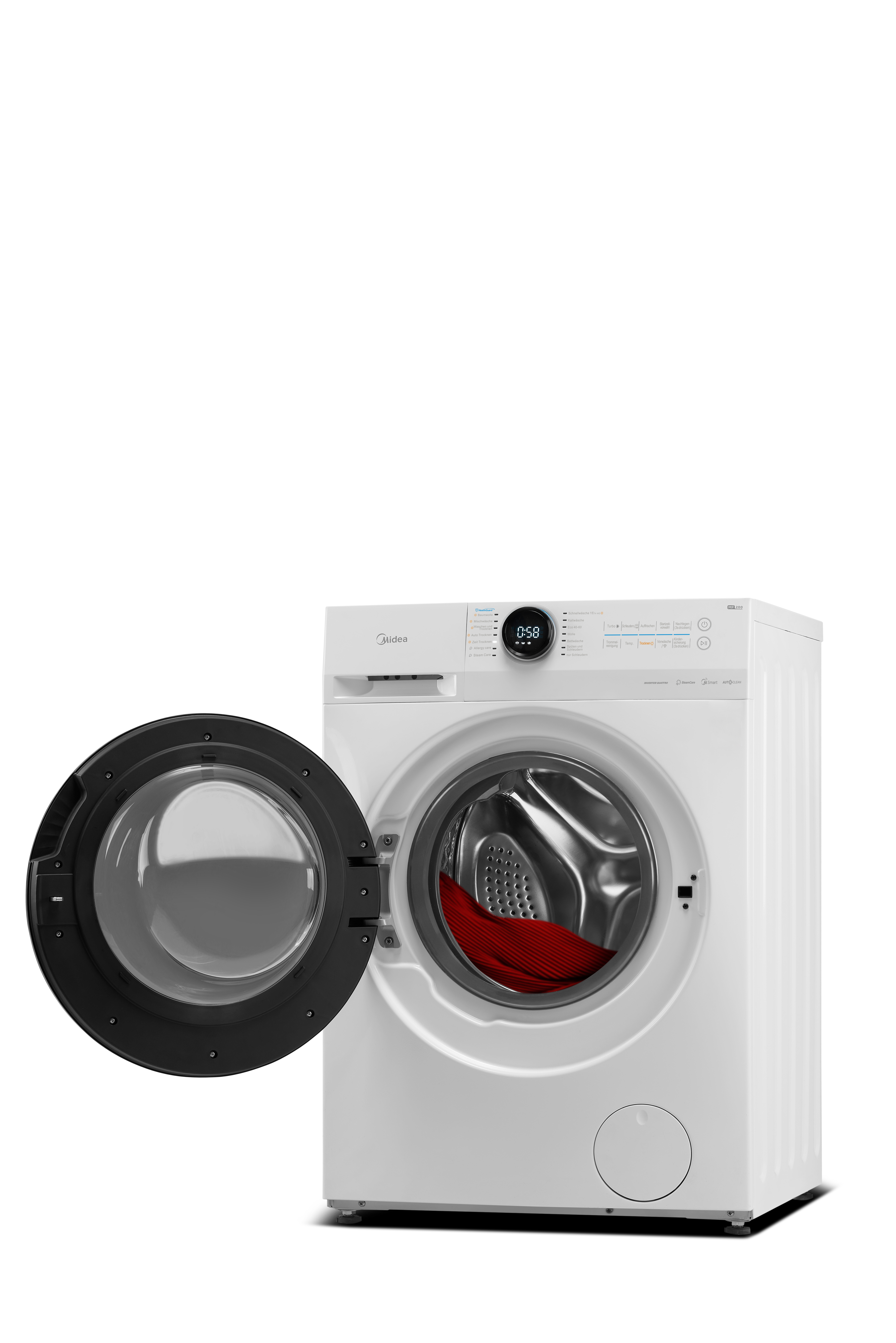 Eine weiße Waschmaschine mit offener Tür, die ein rotes Kleidungsstück im Inneren zeigt.