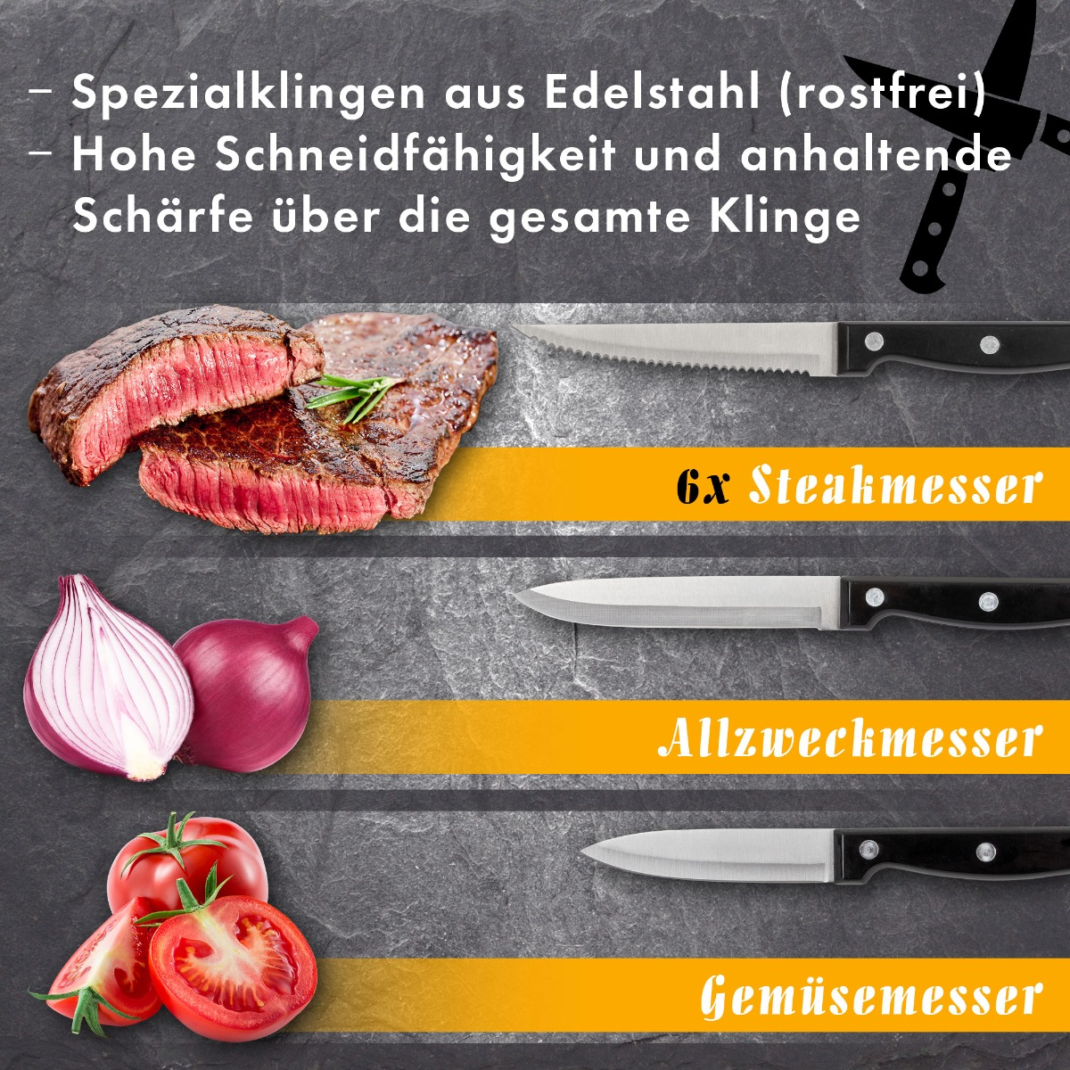 Obraz przedstawia noże do steków, nóż uniwersalny i nóż do warzyw ze składnikami.