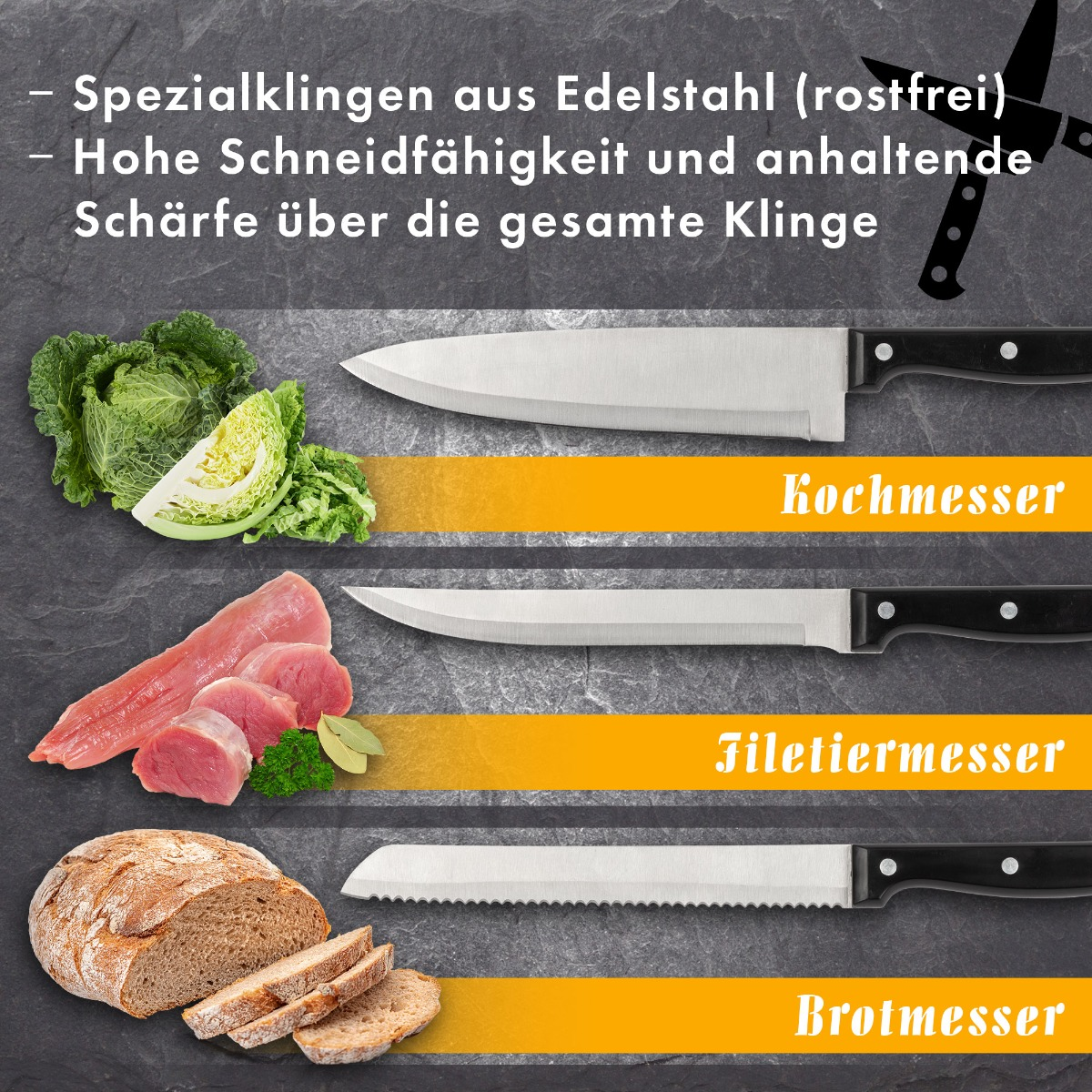 Zestaw noży z produktami spożywczymi: nóż szefa kuchni, nóż do krojenia, nóż do chleba.