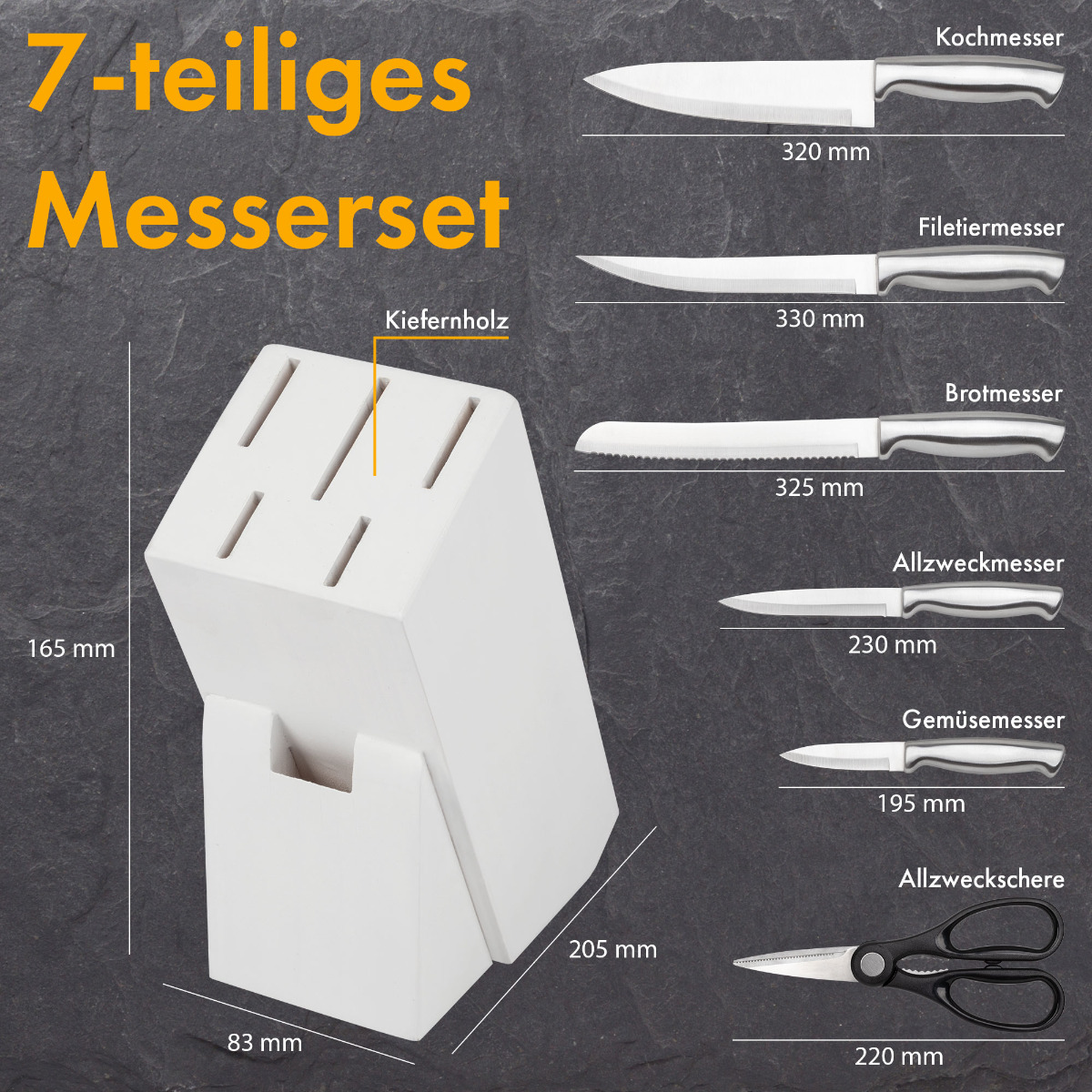 7-teiliges Messerset mit Messern und einem weißen Block. Abmessungen sind angegeben.