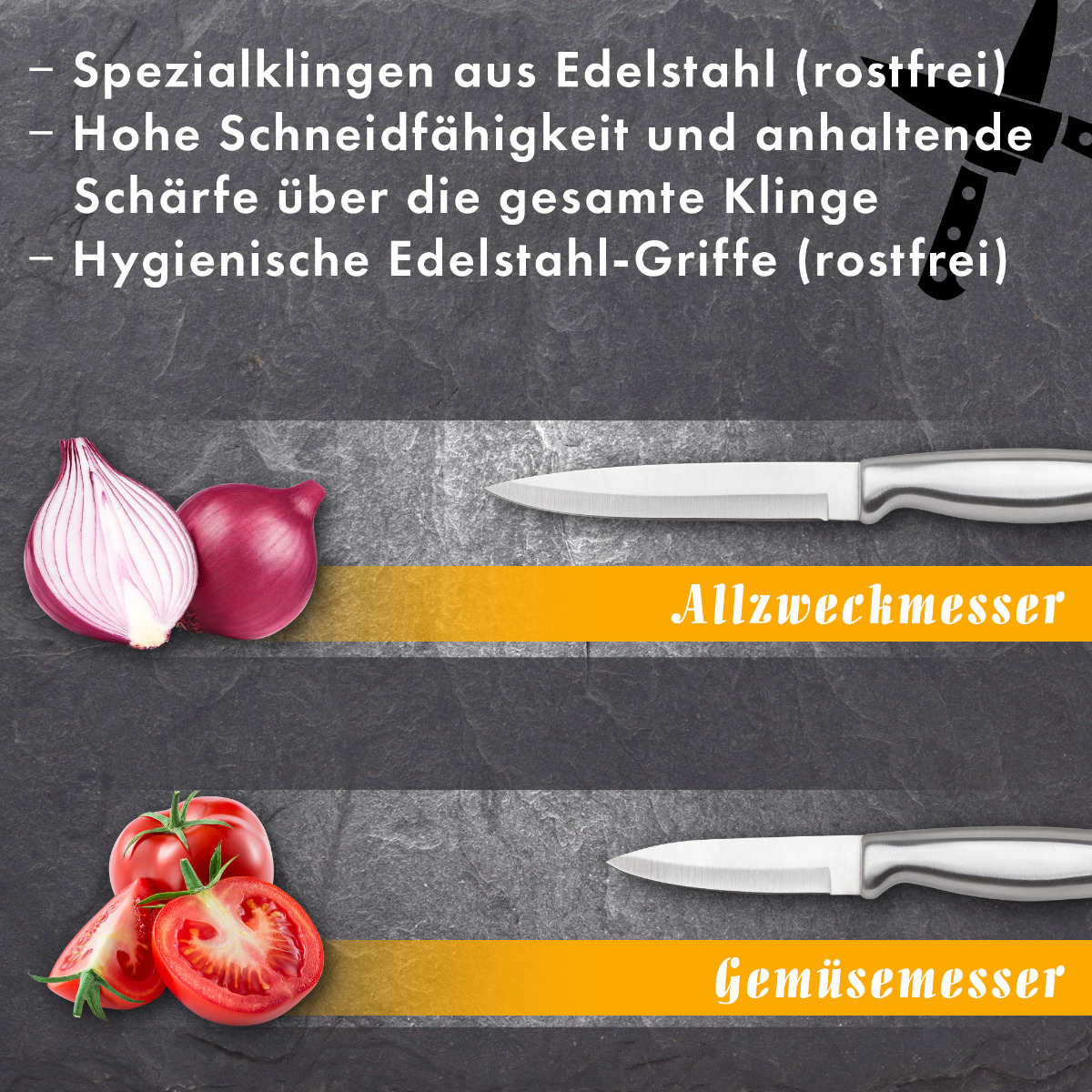 Zwei Messer und Zutaten. Der Text beschreibt die Messer, die Zutaten sind Zwiebeln und Tomaten.